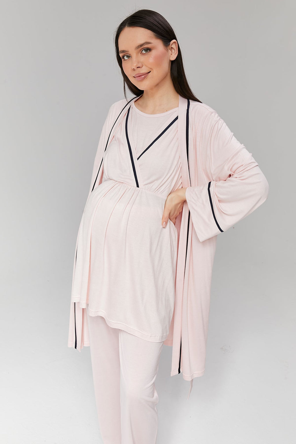 Pembe Biyeli Sabahlıklı Kruvaze Lohusa Pijama Takımı