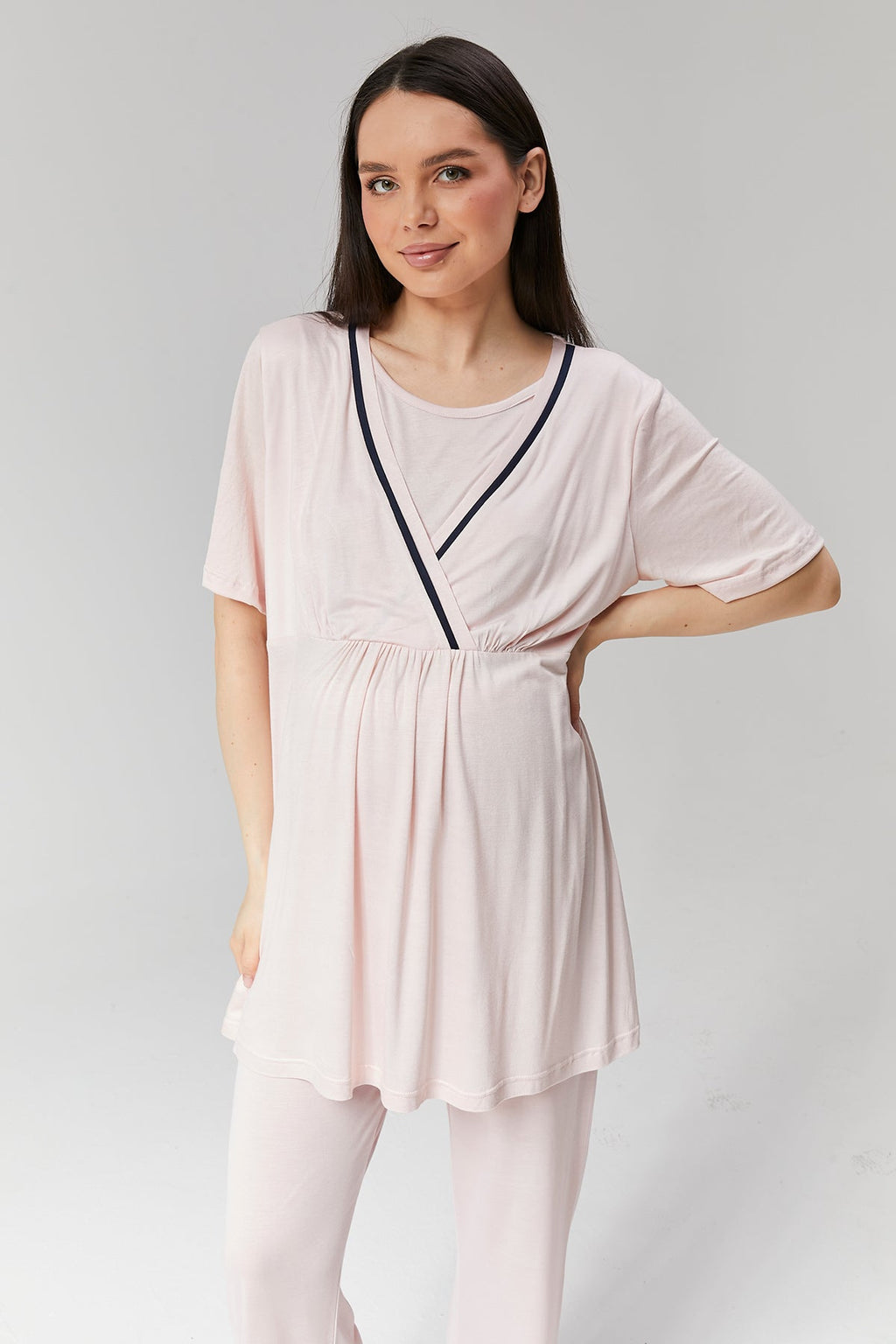 Pembe Biyeli Sabahlıklı Kruvaze Lohusa Pijama Takımı