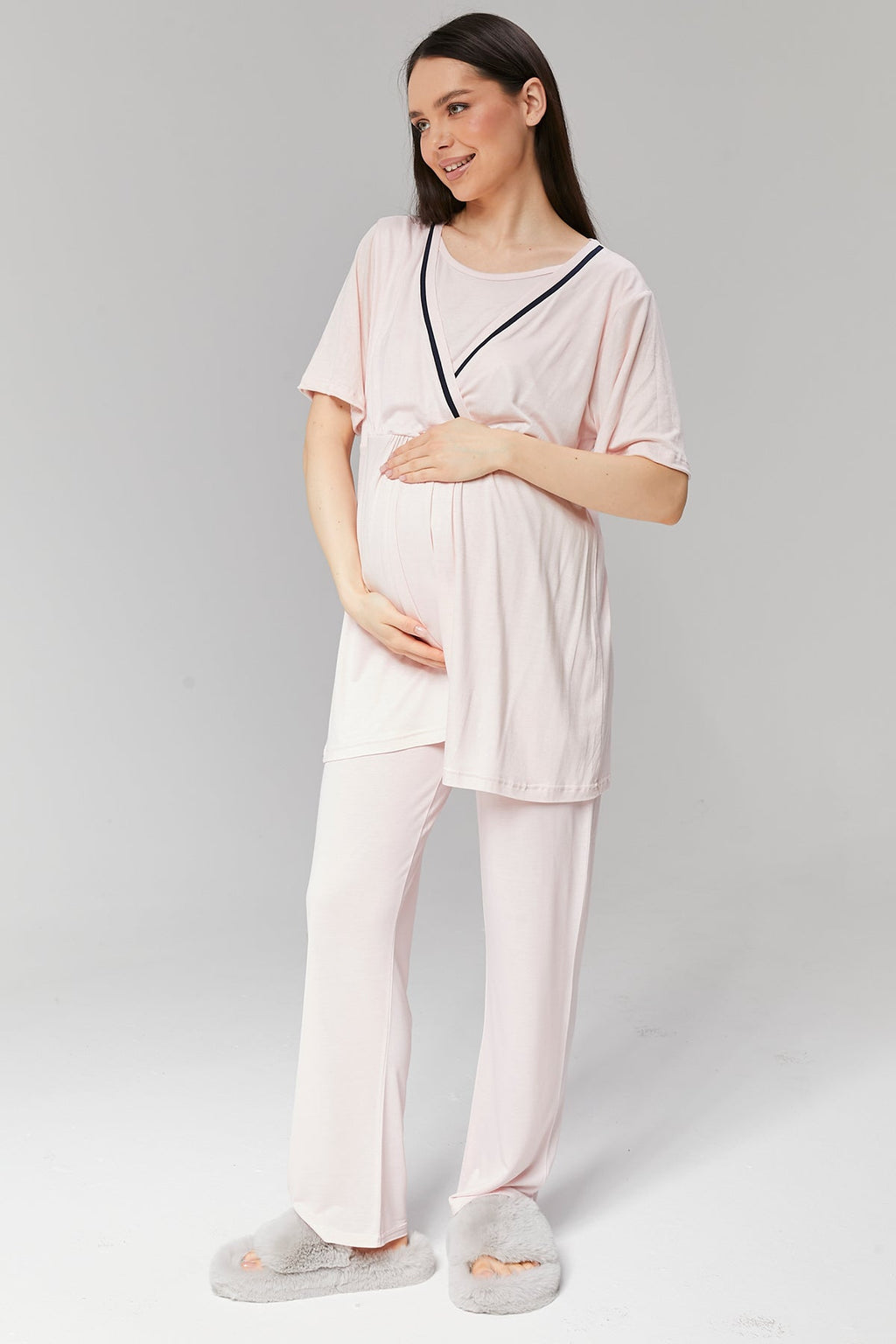 Pembe Biyeli Sabahlıklı Kruvaze Lohusa Pijama Takımı