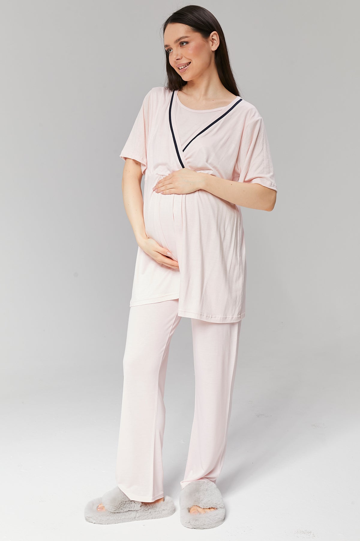 Pembe Biyeli Sabahlıklı Kruvaze Lohusa Pijama Takımı