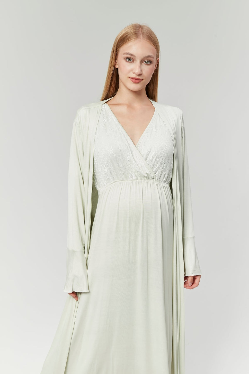 Mint Yeşili Sabahlıklı Dantelli Kruvaze Lohusa Gecelik Takımı - 525