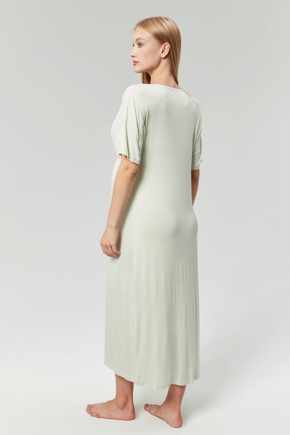 Mint Yeşili Sabahlıklı Dantelli Kruvaze Lohusa Gecelik Takımı - 525