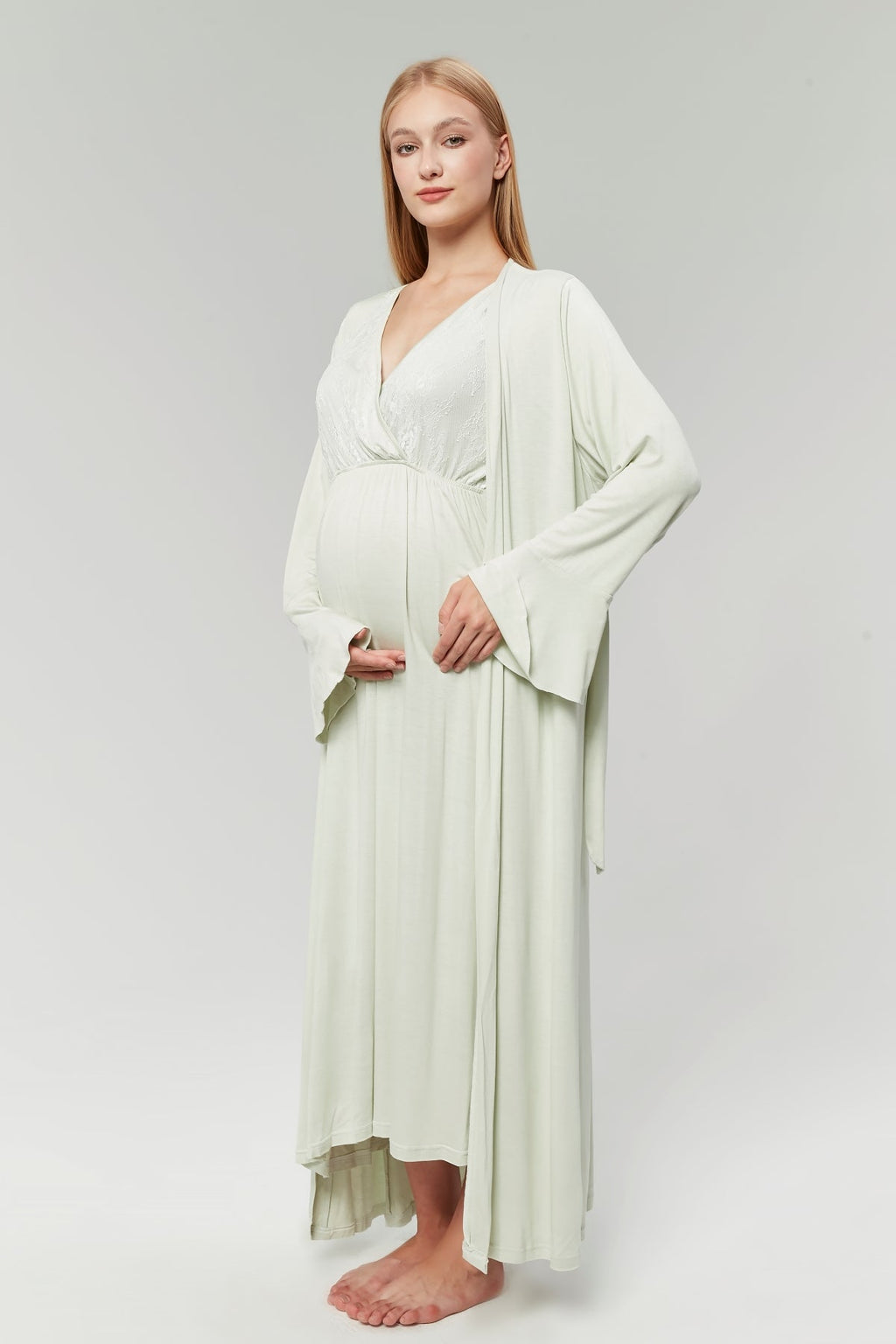 Mint Yeşili Sabahlıklı Dantelli Kruvaze Lohusa Gecelik Takımı - 525