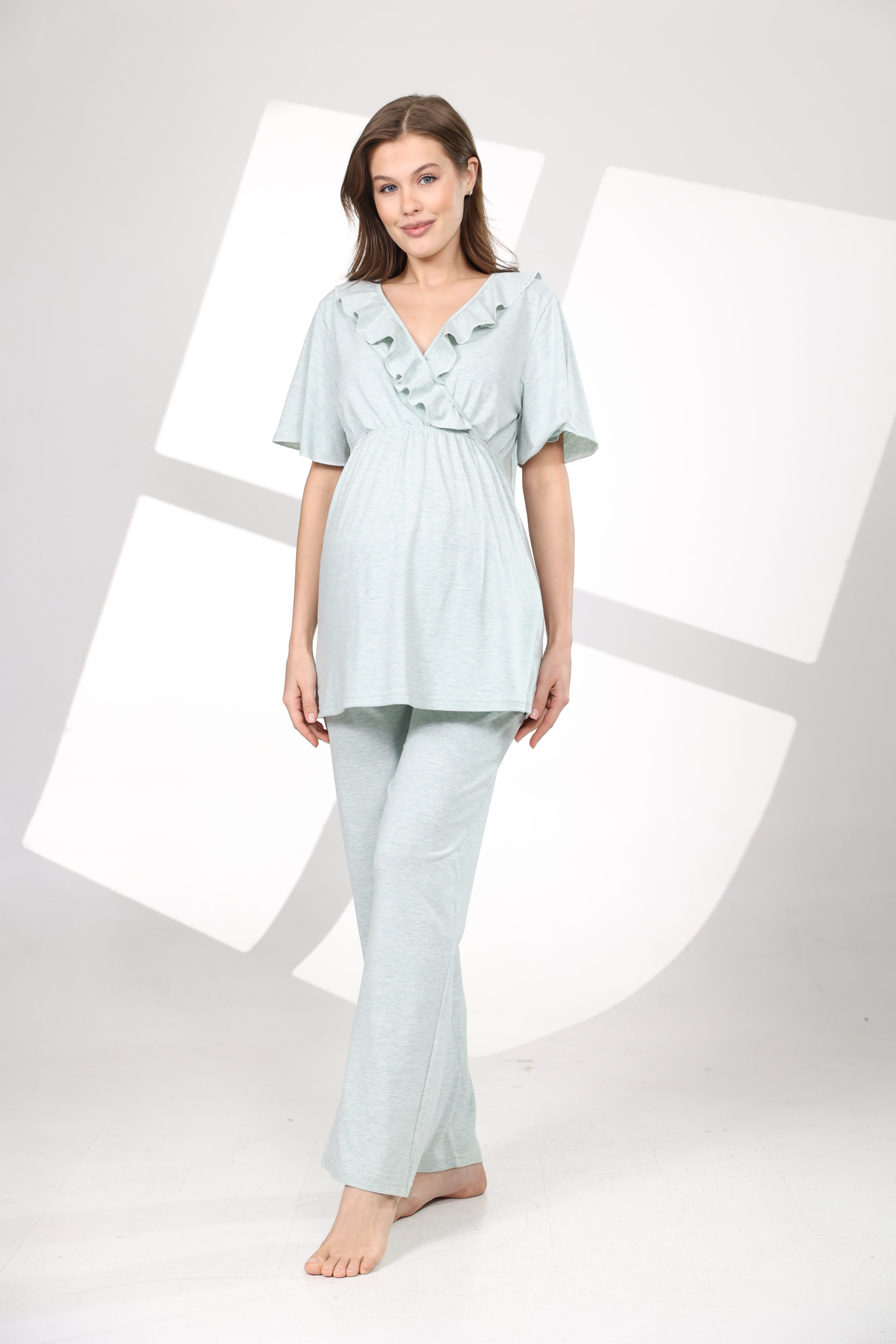 Su Yeşili Yumuşak Dokulu Sabahlıklı Kruvaze Lohusa Pijama Takımı 584
