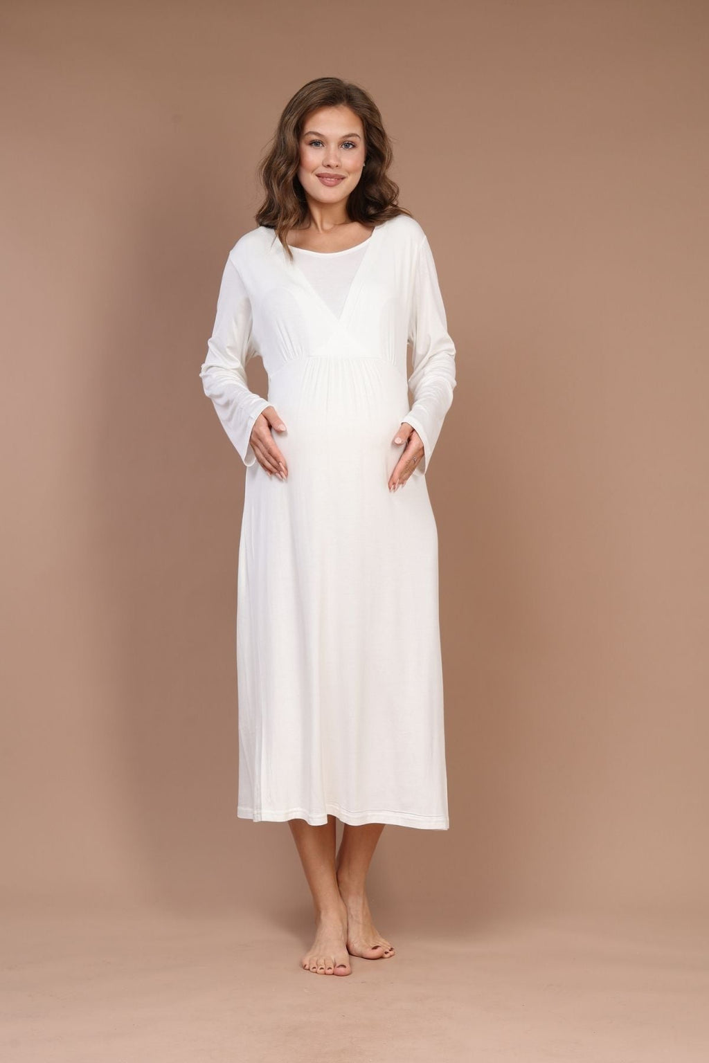 Ekru Tam Boy Sade Sabahlıklı Kruvaze Lohusa Gecelik Takımı - 621