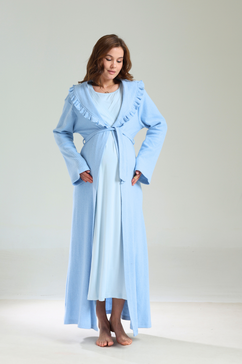 Mavi Bebe Yaka Kalın Yumuşak Sabahlıklı Lohusa Gecelik Takımı  1038