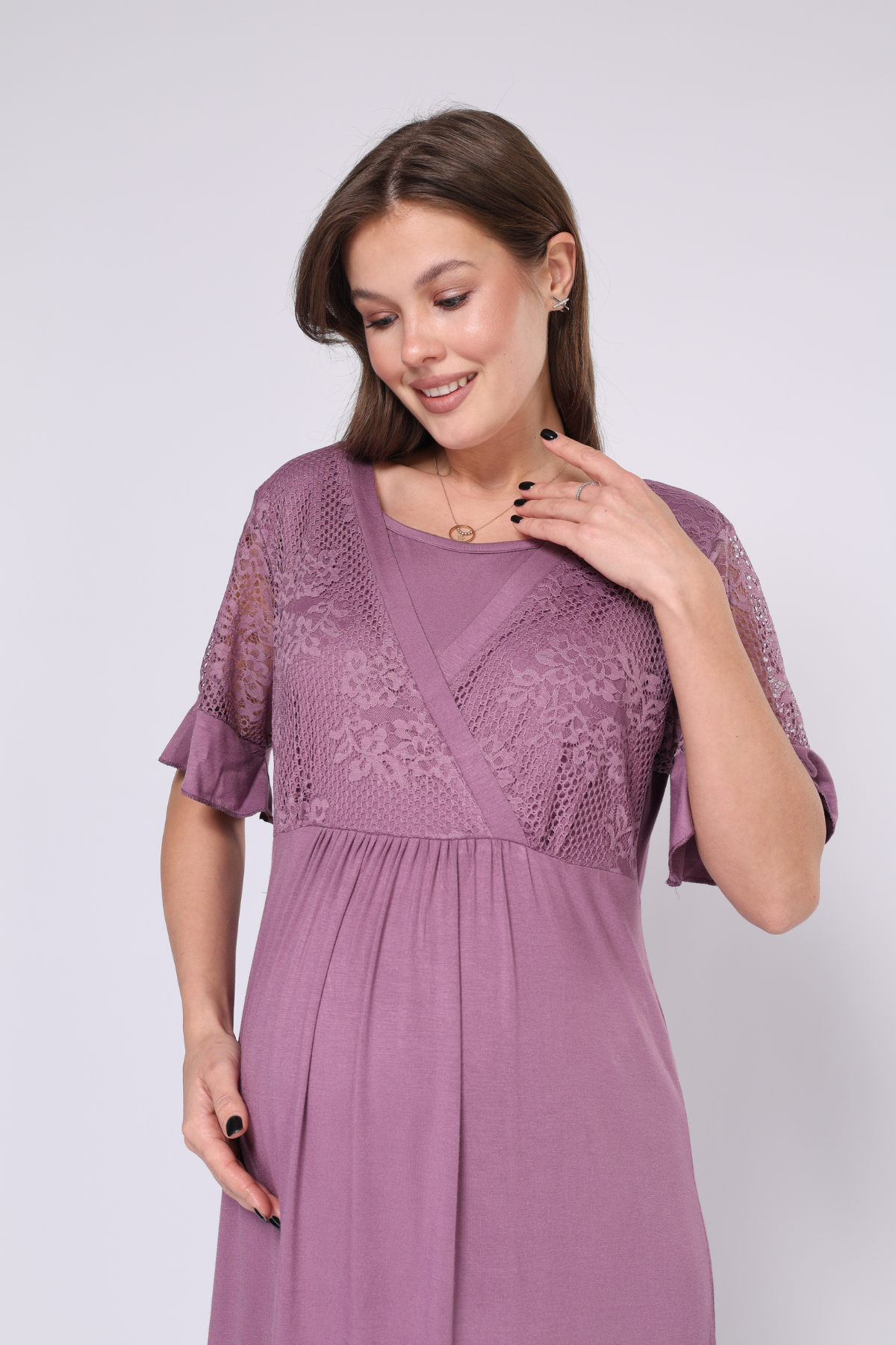 Mürdüm Dantel Detaylı Tasarım Sabahlıklı Kruvaze Lohusa Gecelik Takımı - 551