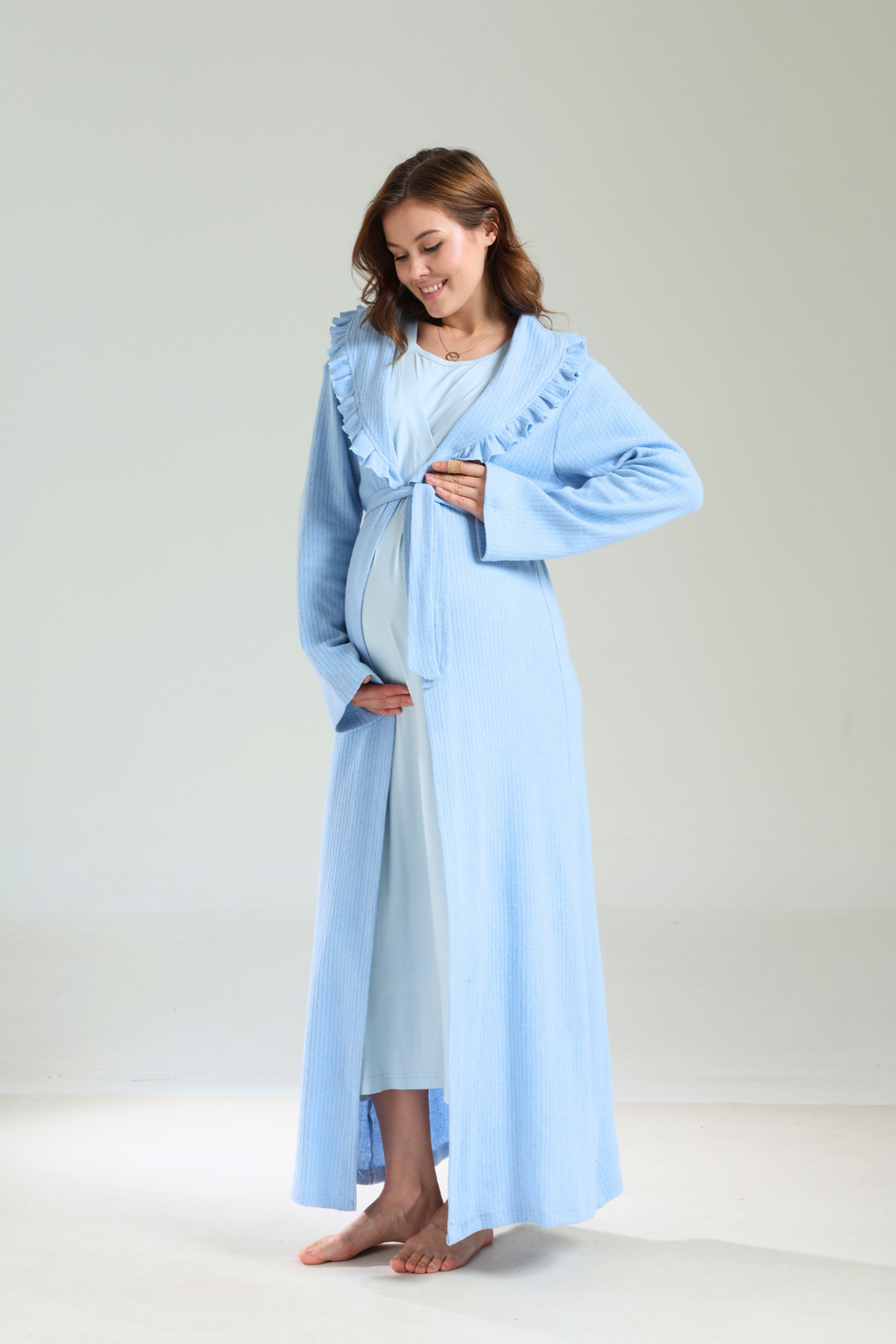 Mavi Bebe Yaka Kalın Yumuşak Sabahlıklı Lohusa Gecelik Takımı  1038