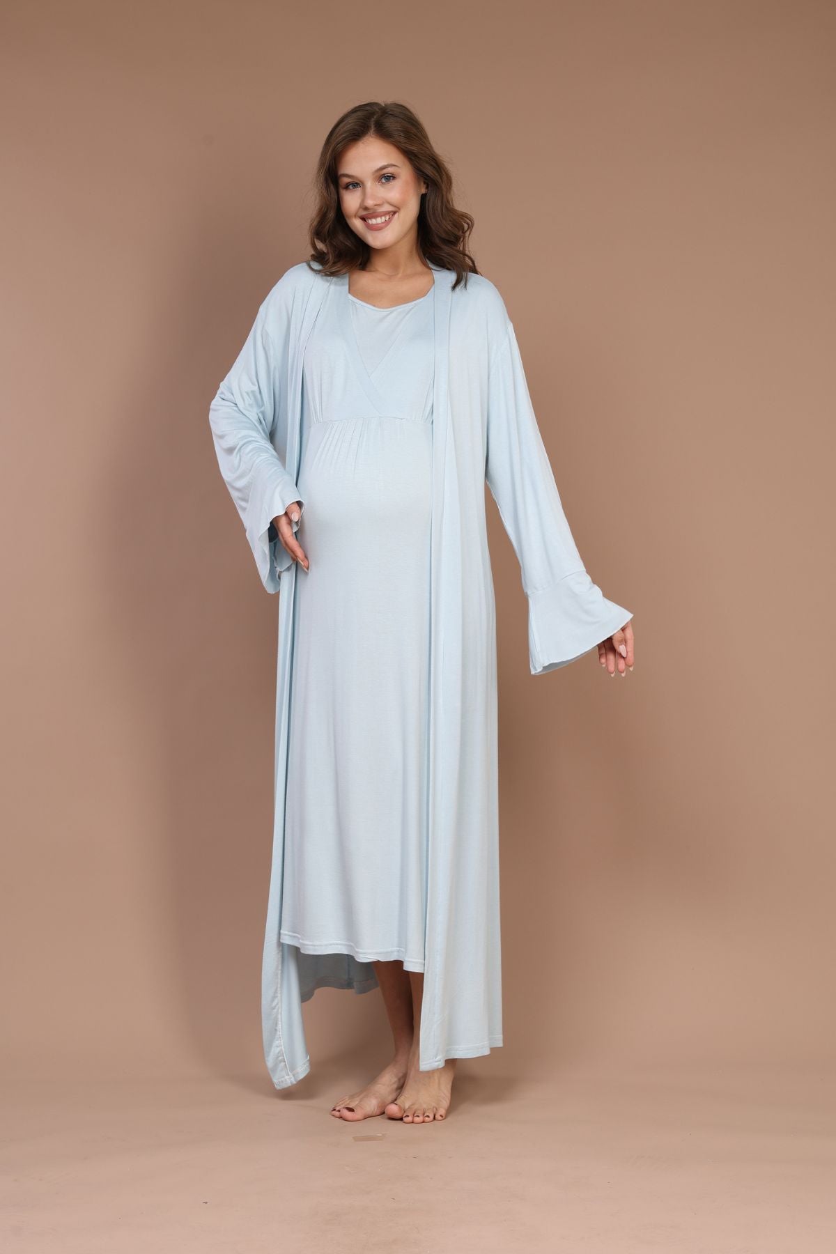 Mavi Tam Boy Sade Sabahlıklı Kruvaze Lohusa Gecelik Takımı - 622