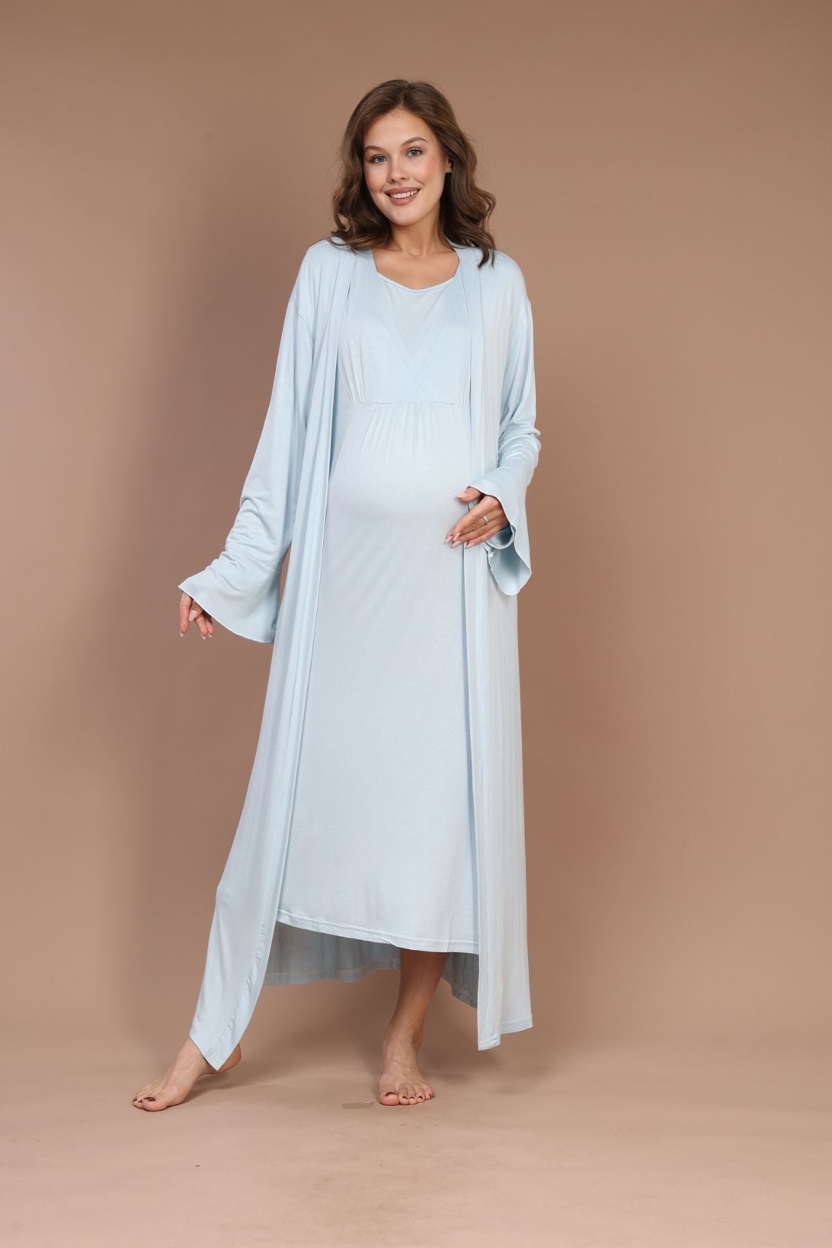 Mavi Tam Boy Sade Sabahlıklı Kruvaze Lohusa Gecelik Takımı - 622