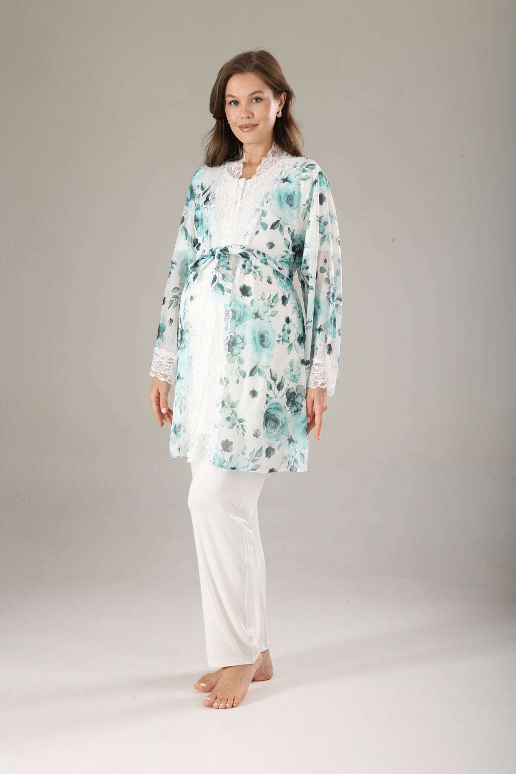 Mint Desenli Şifon Sabahlıklı Lohusa Pijama Takımı 811