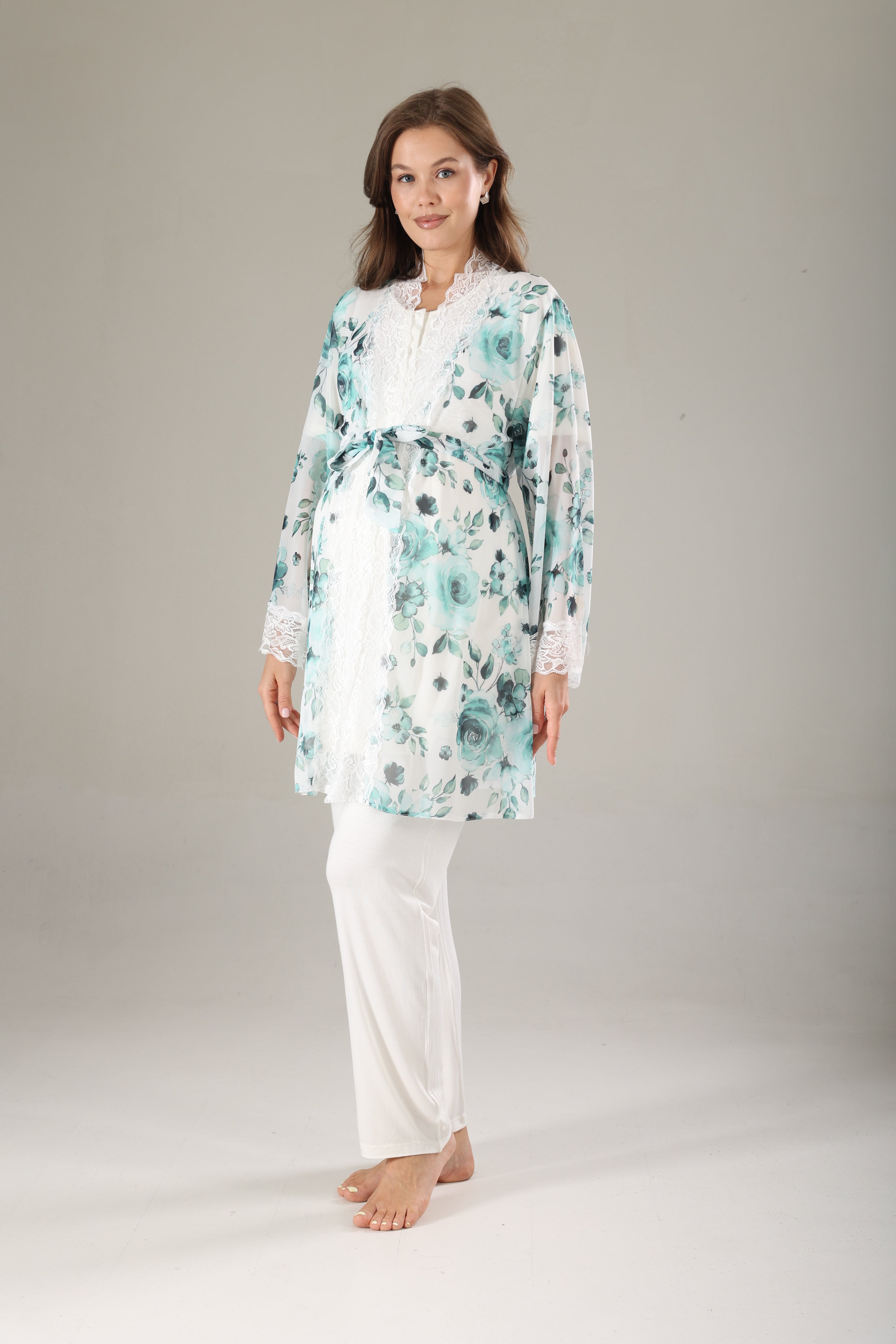 Mint Desenli Şifon Sabahlıklı Lohusa Pijama Takımı 811