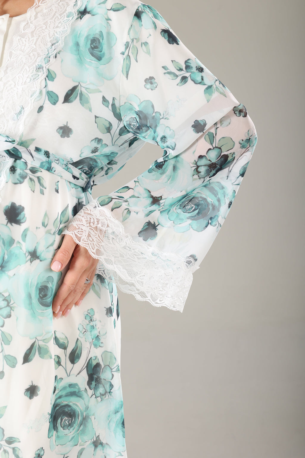 Mint Desenli Şifon Sabahlıklı Lohusa Pijama Takımı 811