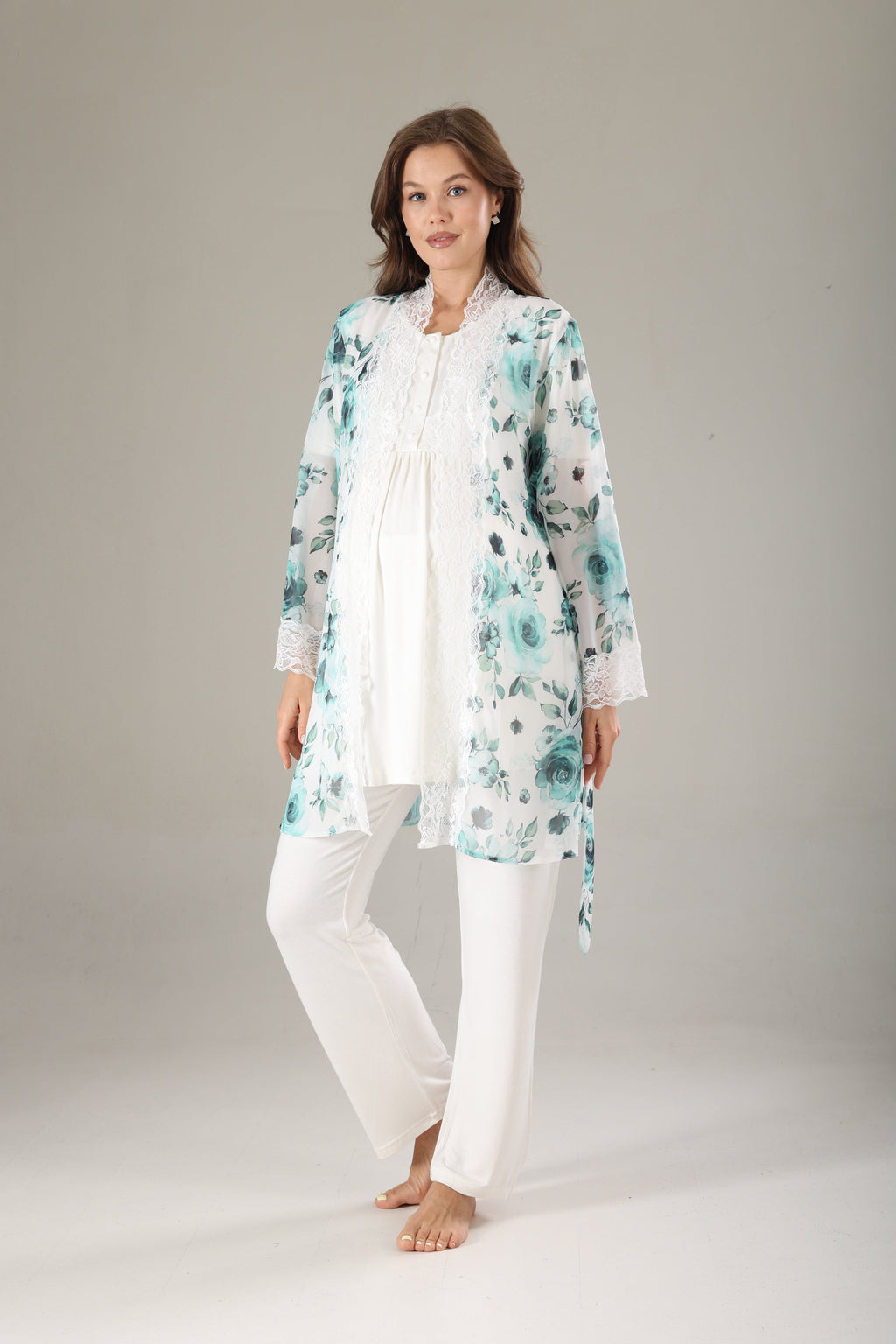 Mint Desenli Şifon Sabahlıklı Lohusa Pijama Takımı 811