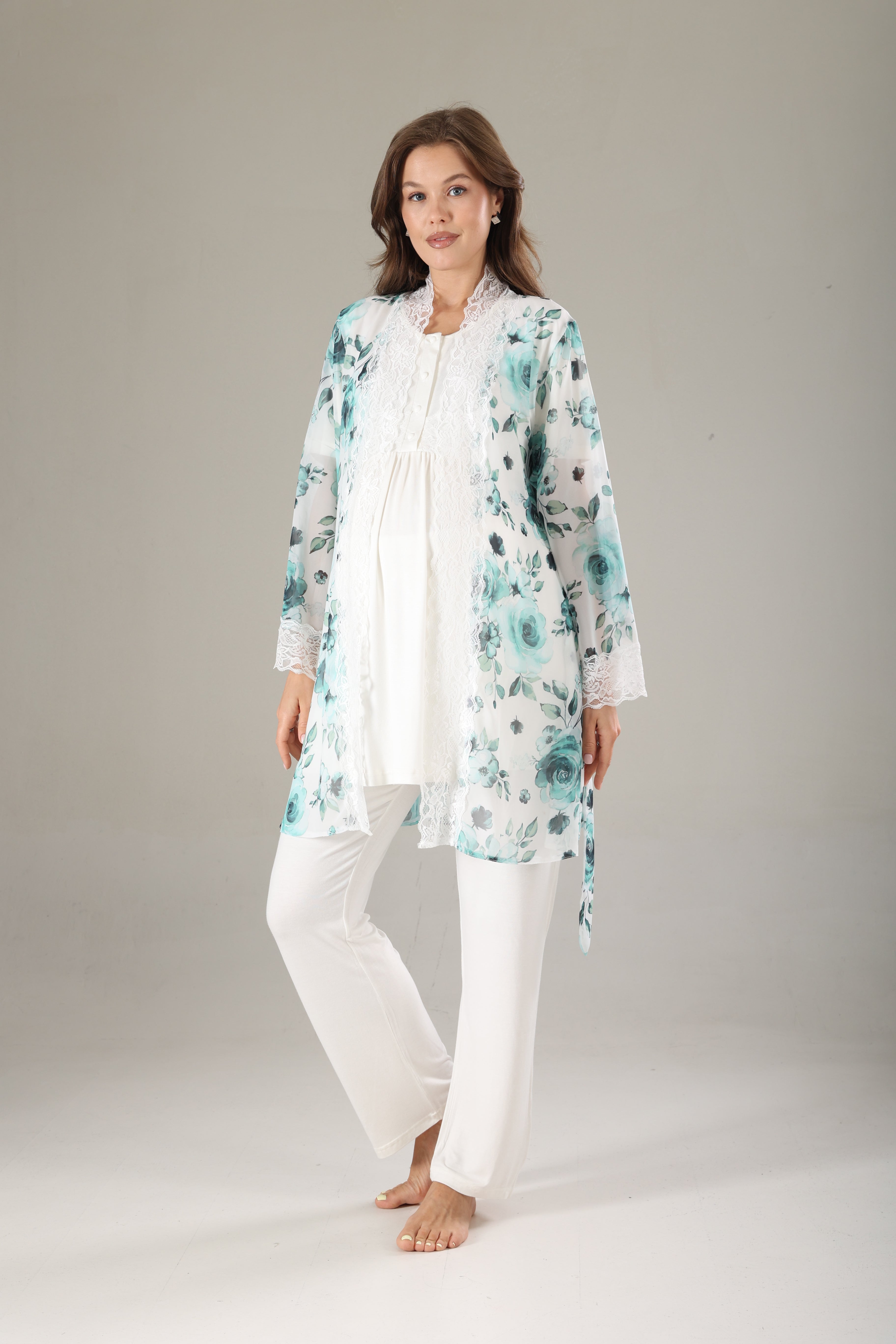 Mint Desenli Şifon Sabahlıklı Lohusa Pijama Takımı 811