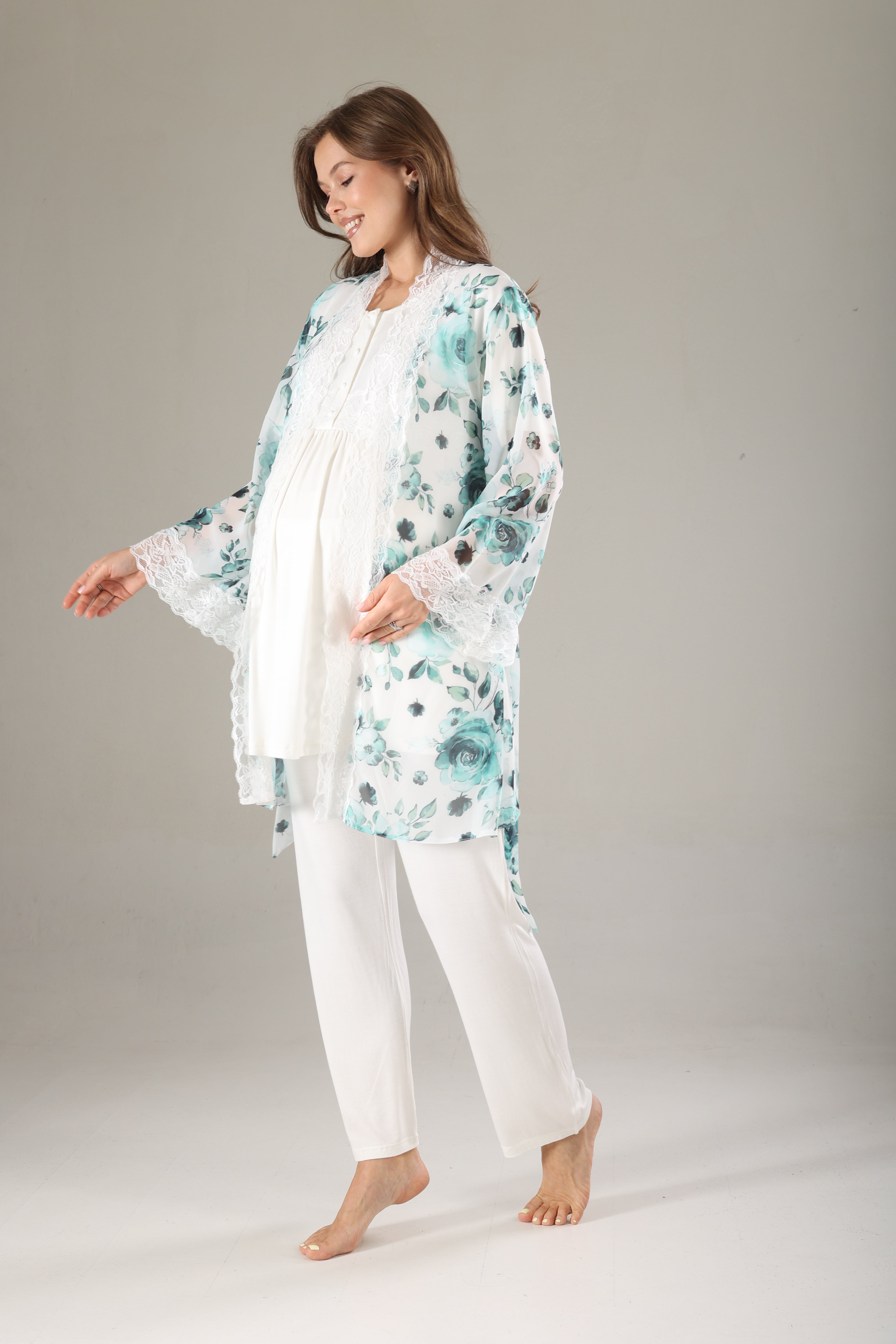 Mint Desenli Şifon Sabahlıklı Lohusa Pijama Takımı 811