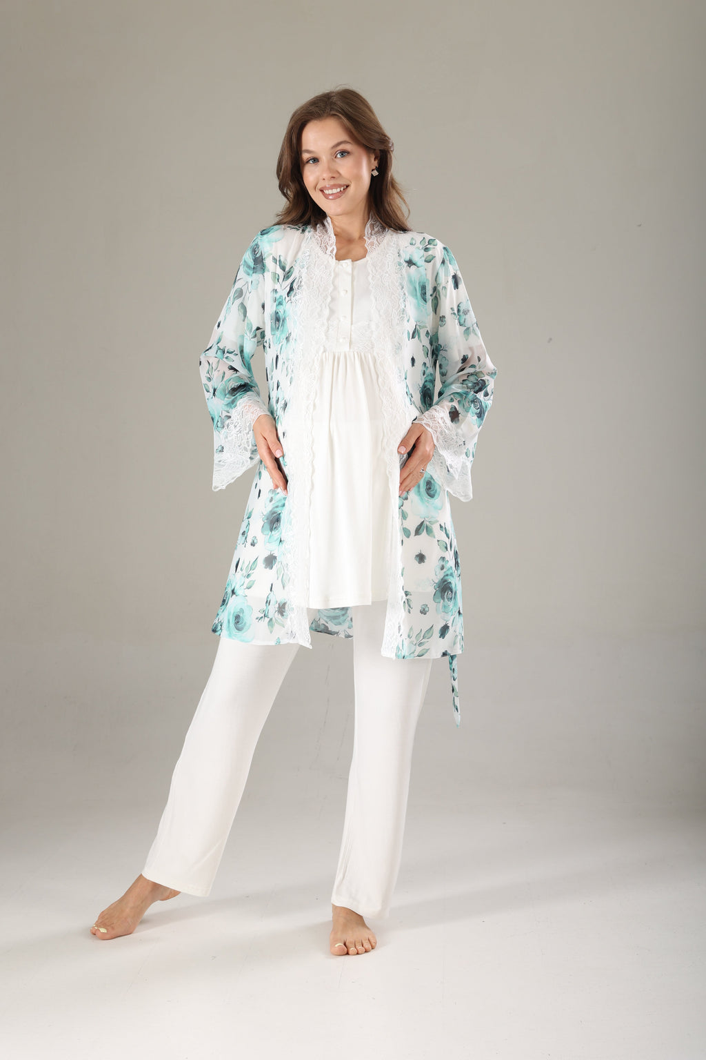 Mint Desenli Şifon Sabahlıklı Lohusa Pijama Takımı 811