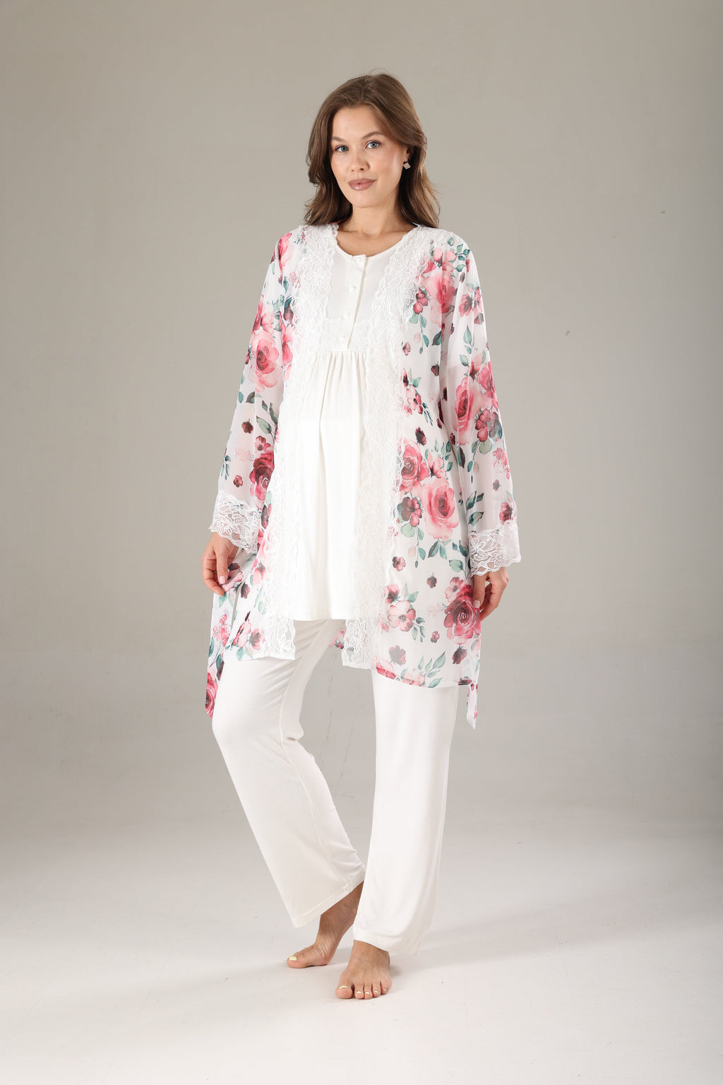 Pembe Desenli Şifon Sabahlıklı Lohusa Pijama Takımı 813