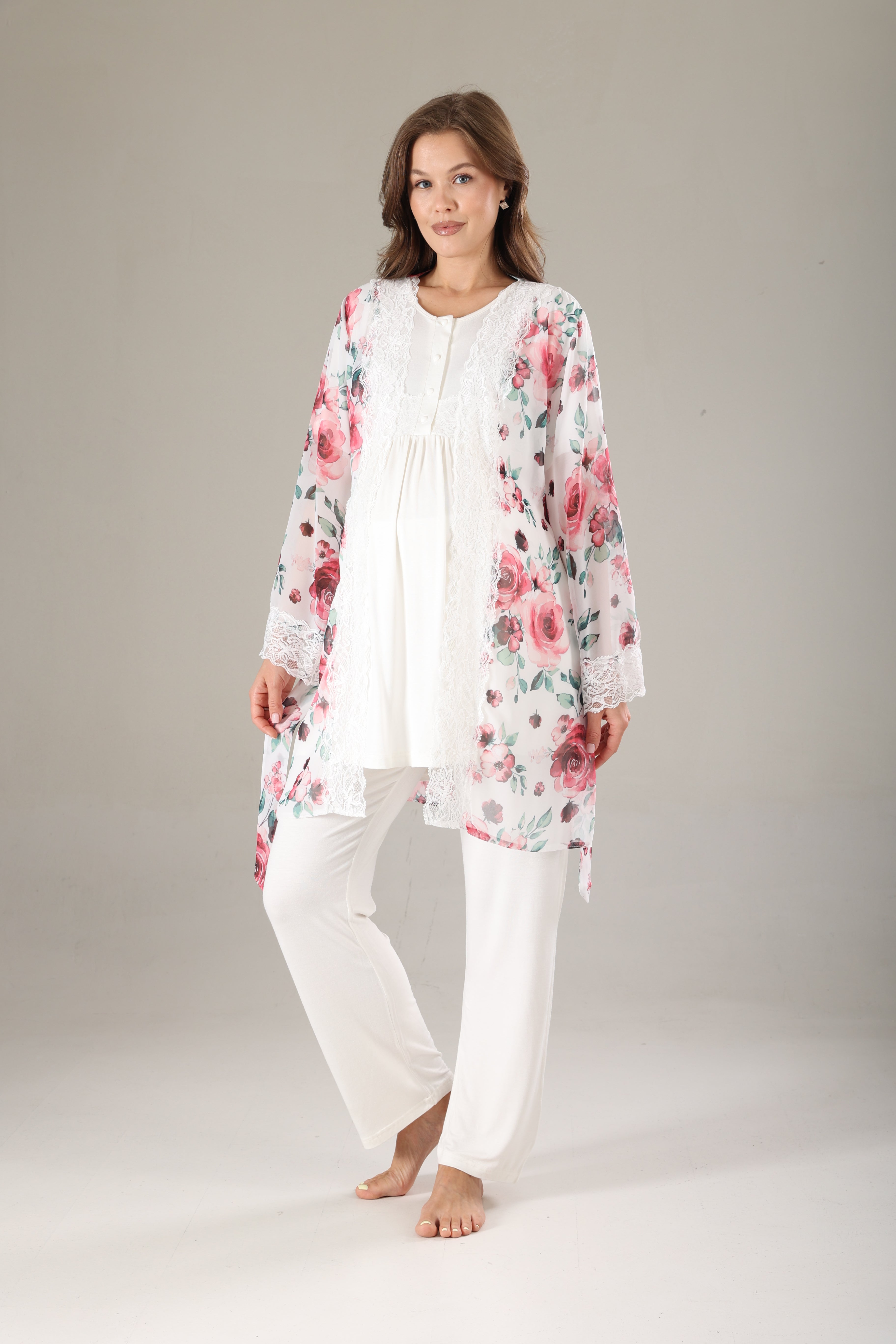 Pembe Desenli Şifon Sabahlıklı Lohusa Pijama Takımı 813