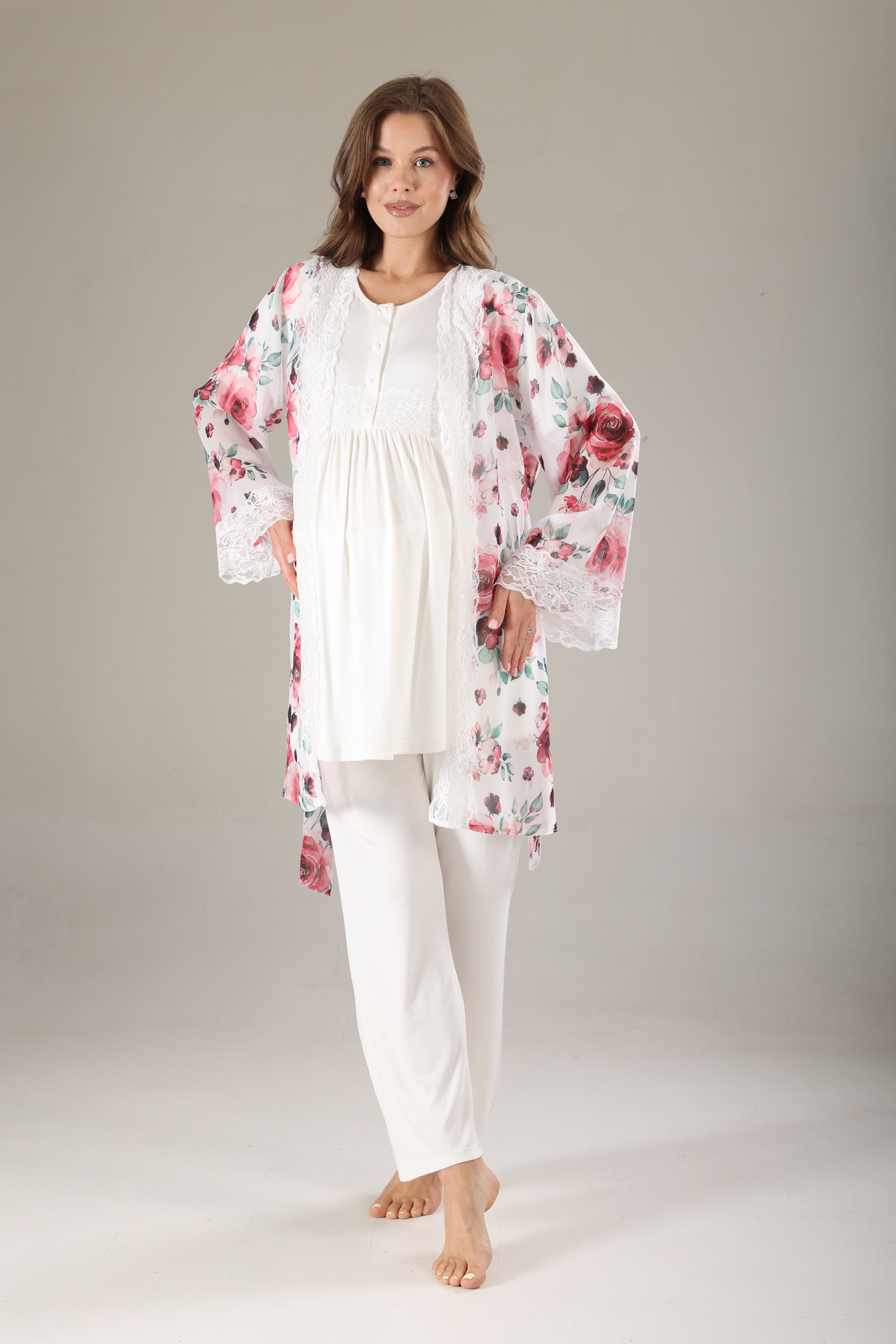 Pembe Desenli Şifon Sabahlıklı Lohusa Pijama Takımı 813