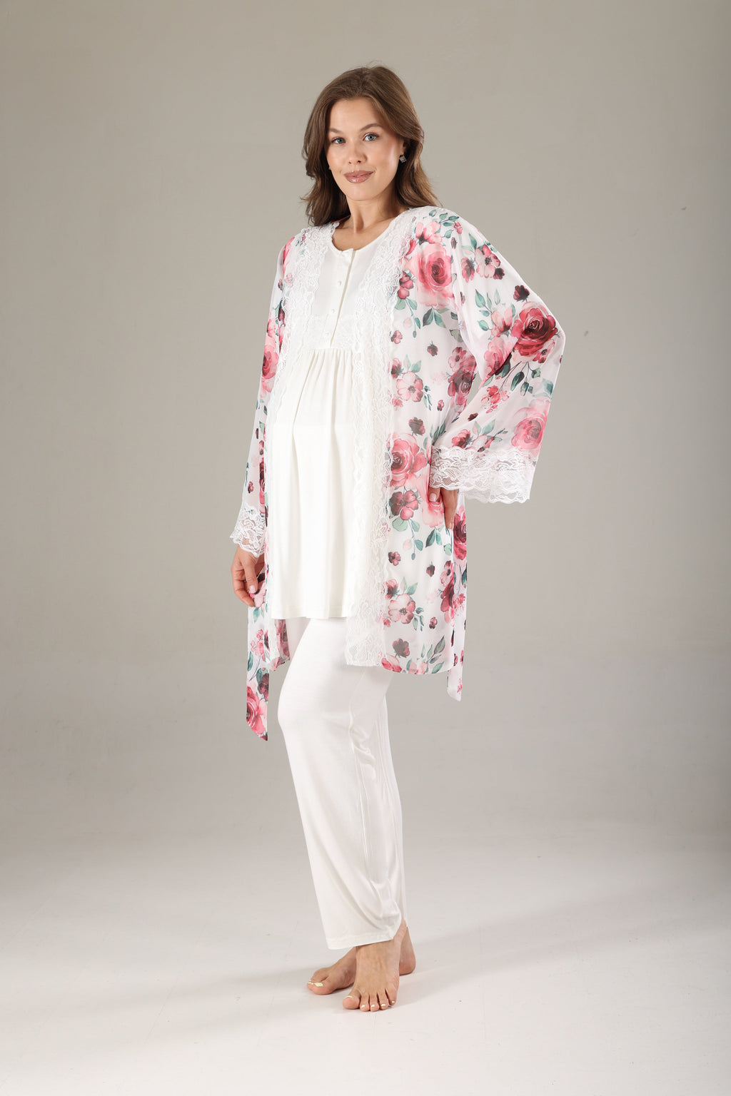Pembe Desenli Şifon Sabahlıklı Lohusa Pijama Takımı 813