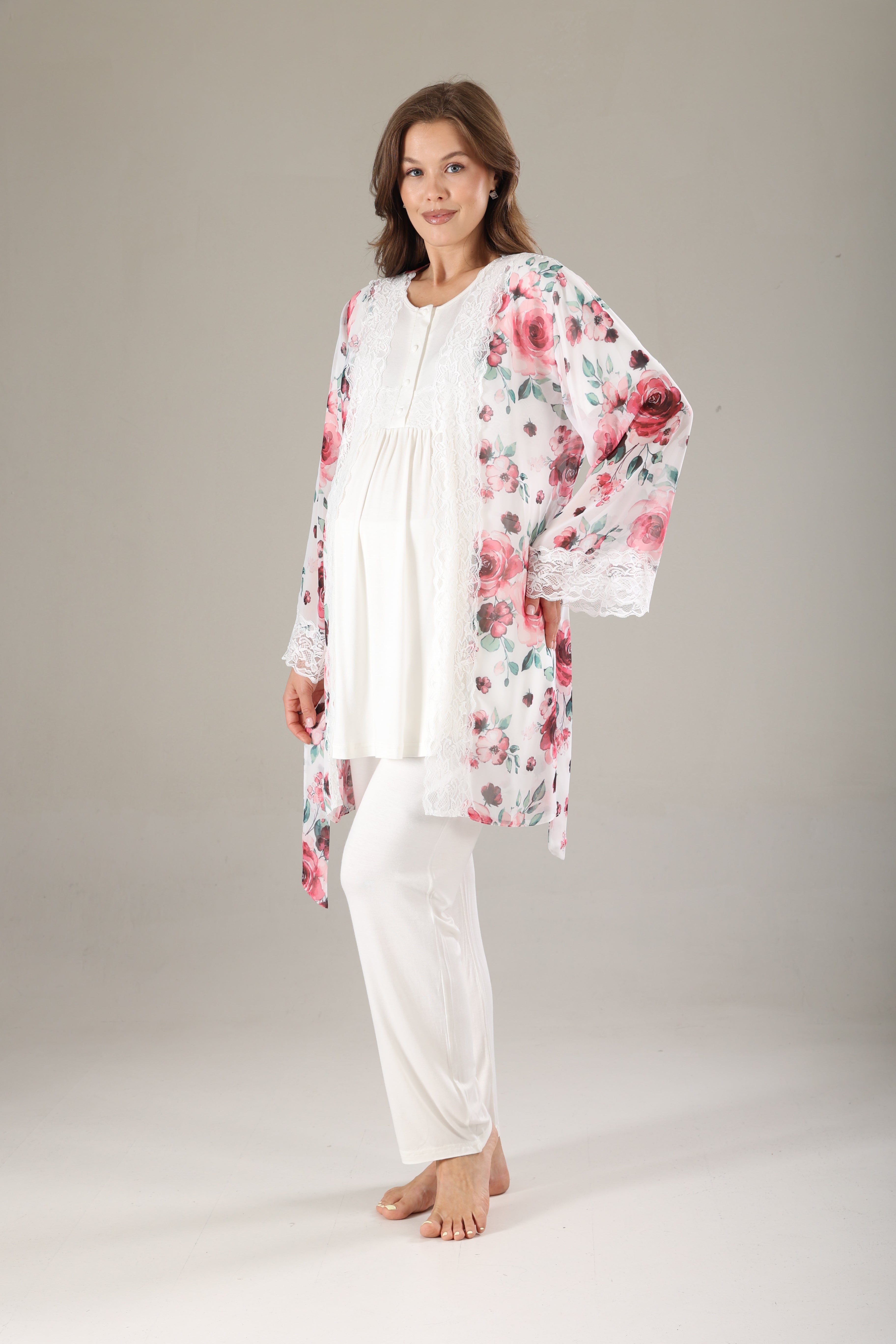 Pembe Desenli Şifon Sabahlıklı Lohusa Pijama Takımı 813