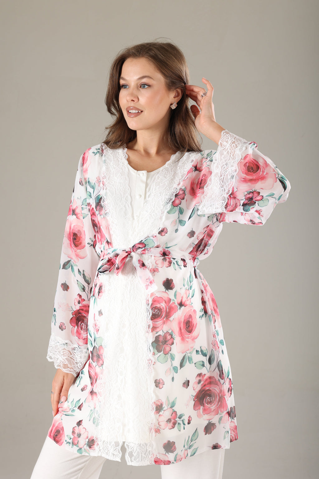 Pembe Desenli Şifon Sabahlıklı Lohusa Pijama Takımı 813