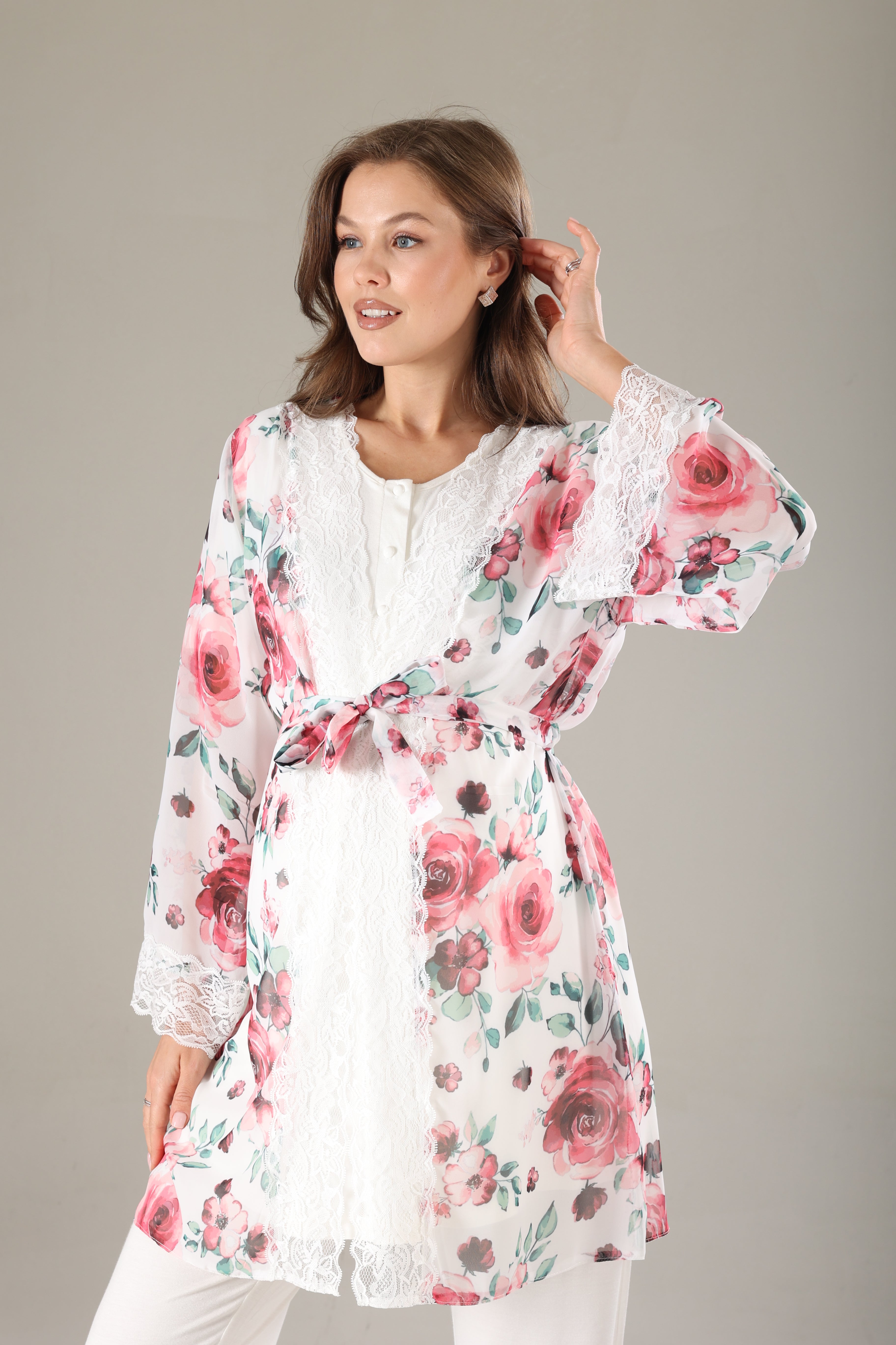 Pembe Desenli Şifon Sabahlıklı Lohusa Pijama Takımı 813