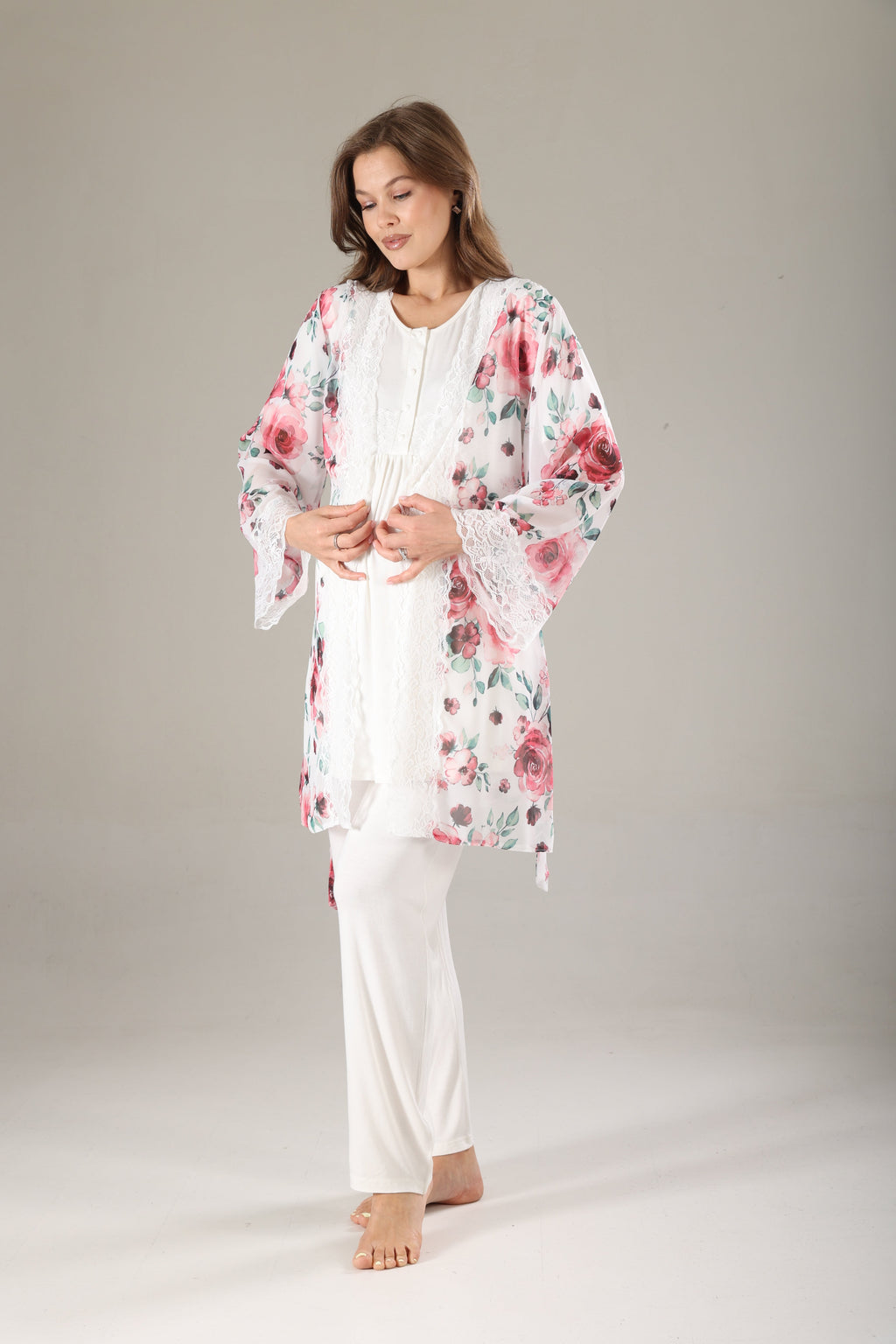 Pembe Desenli Şifon Sabahlıklı Lohusa Pijama Takımı 813