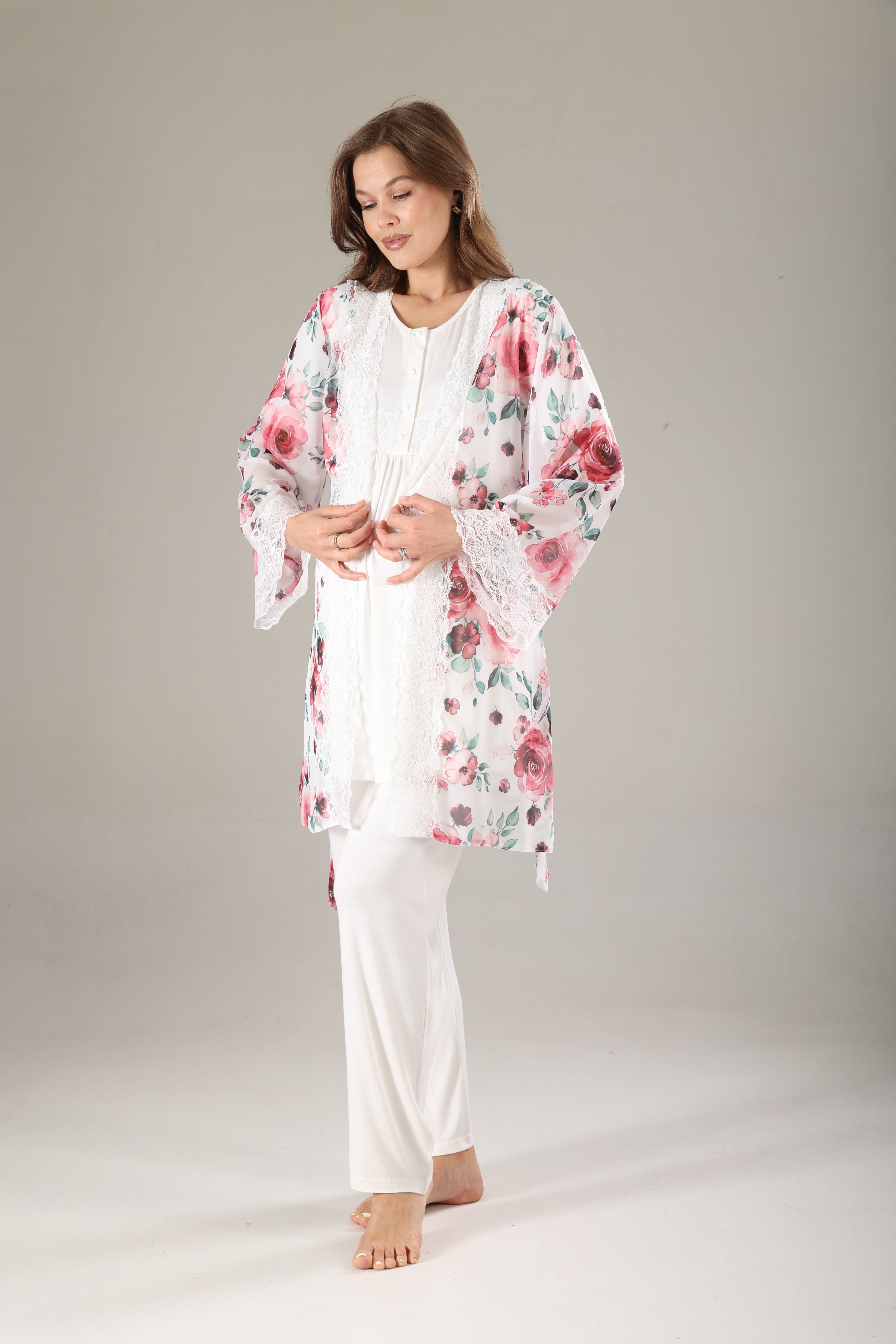 Pembe Desenli Şifon Sabahlıklı Lohusa Pijama Takımı 813