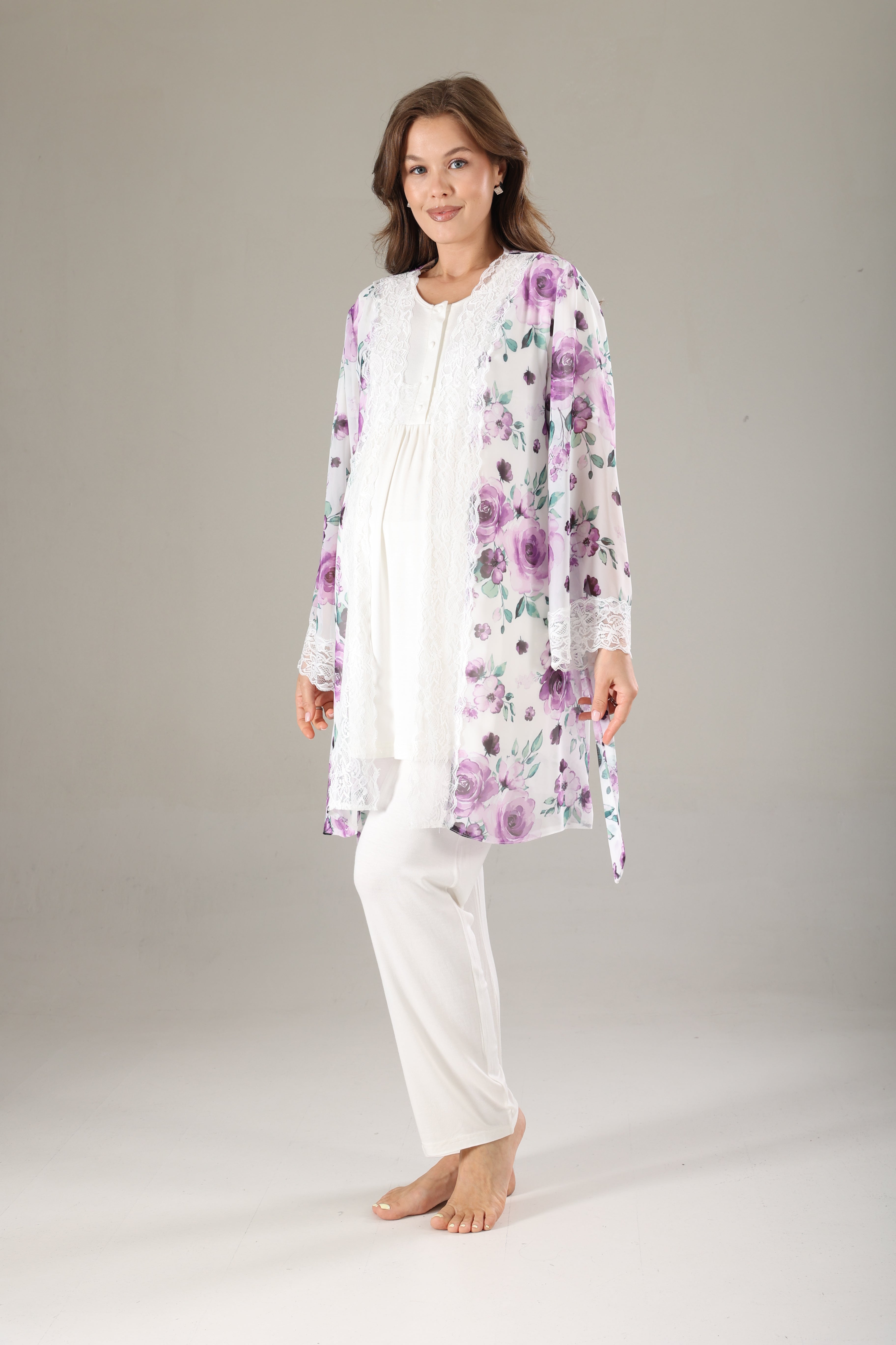 Lila Desenli Şifon Sabahlıklı Lohusa Pijama Takımı 815