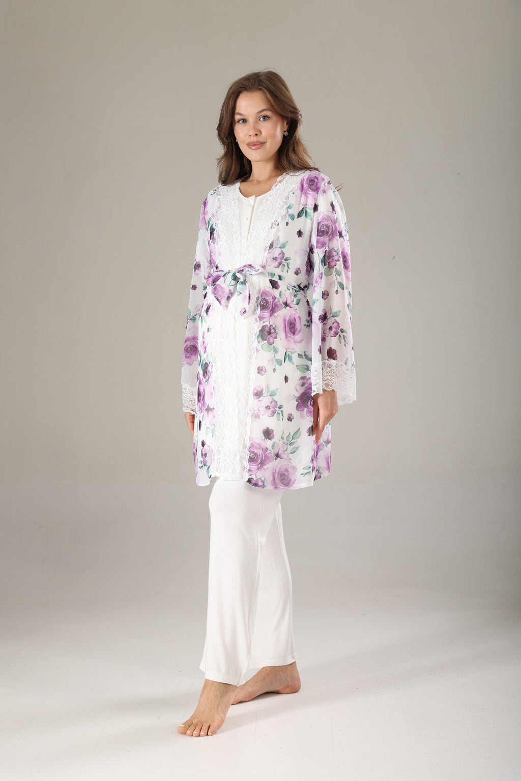 Lila Desenli Şifon Sabahlıklı Lohusa Pijama Takımı 815