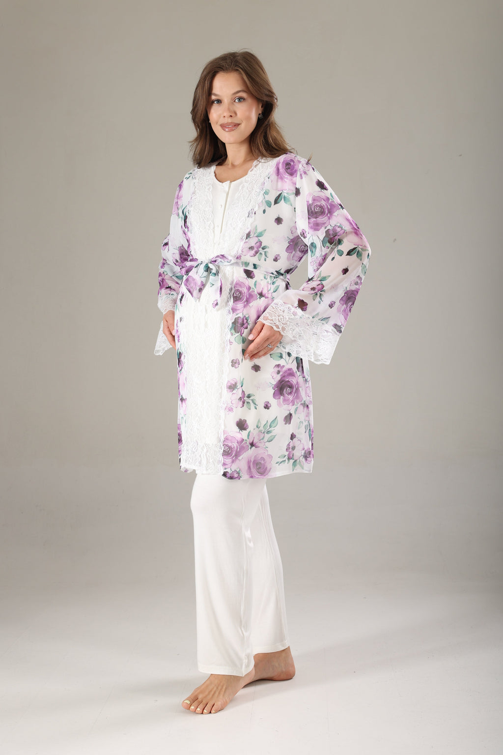 Lila Desenli Şifon Sabahlıklı Lohusa Pijama Takımı 815