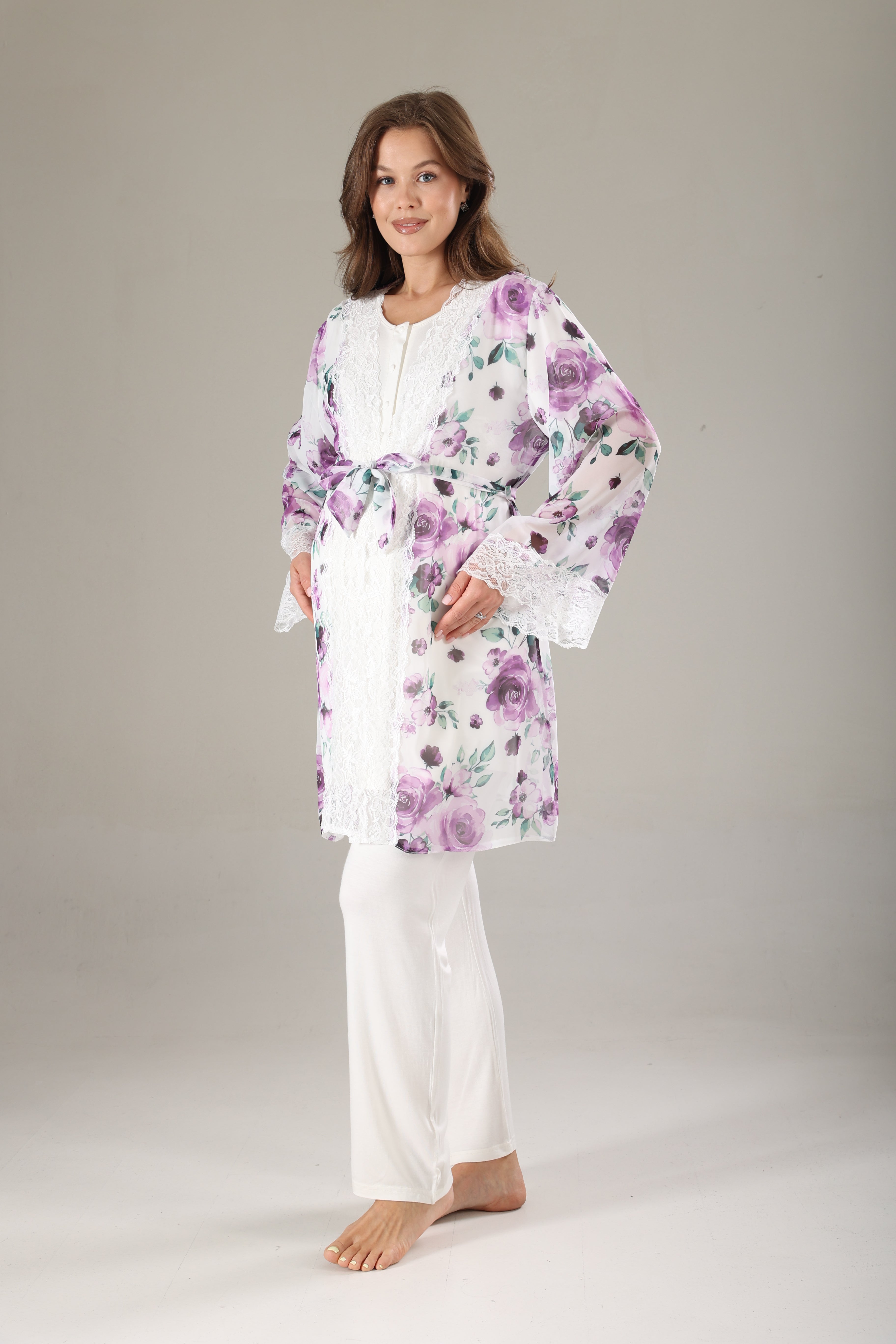 Lila Desenli Şifon Sabahlıklı Lohusa Pijama Takımı 815