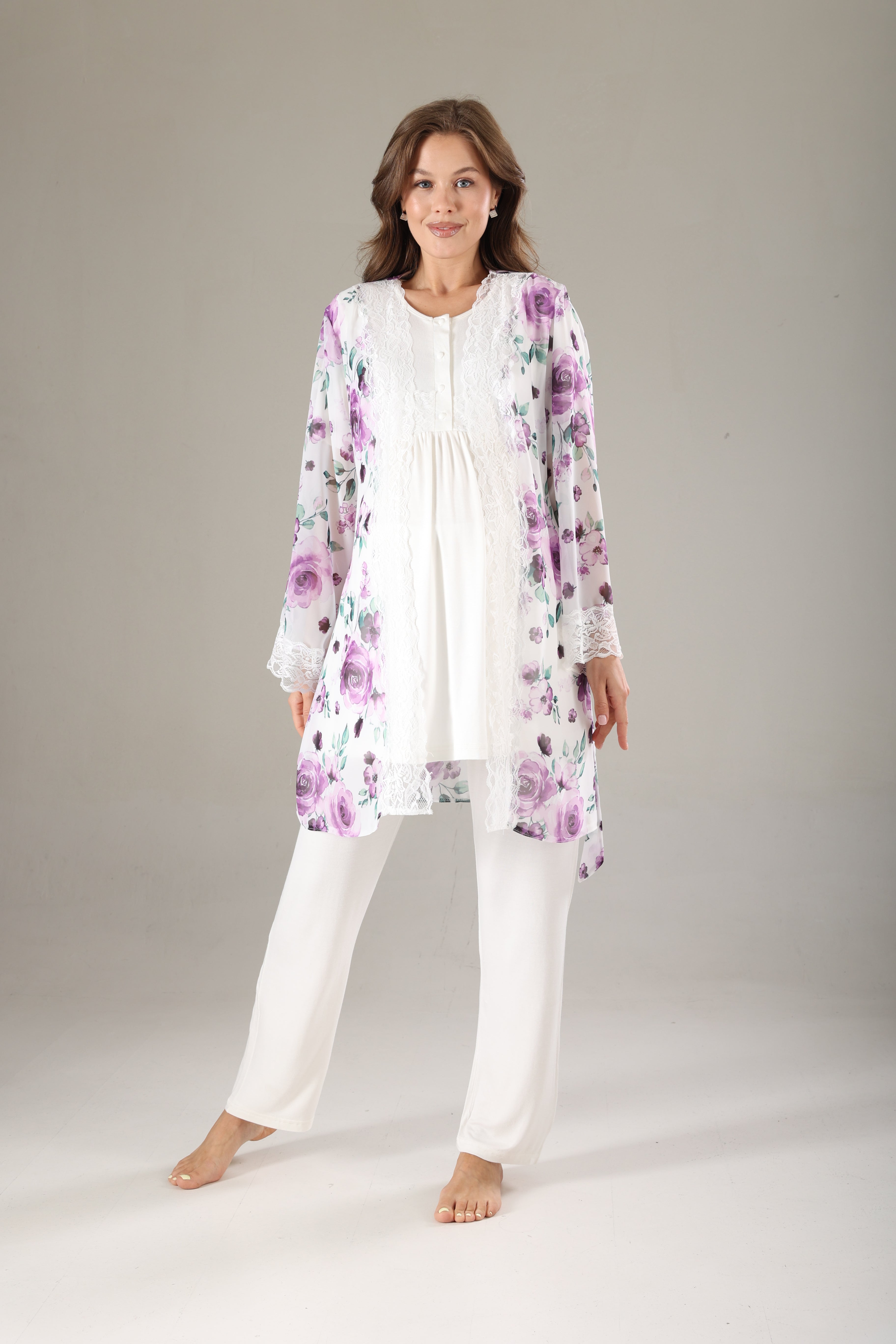 Lila Desenli Şifon Sabahlıklı Lohusa Pijama Takımı 815