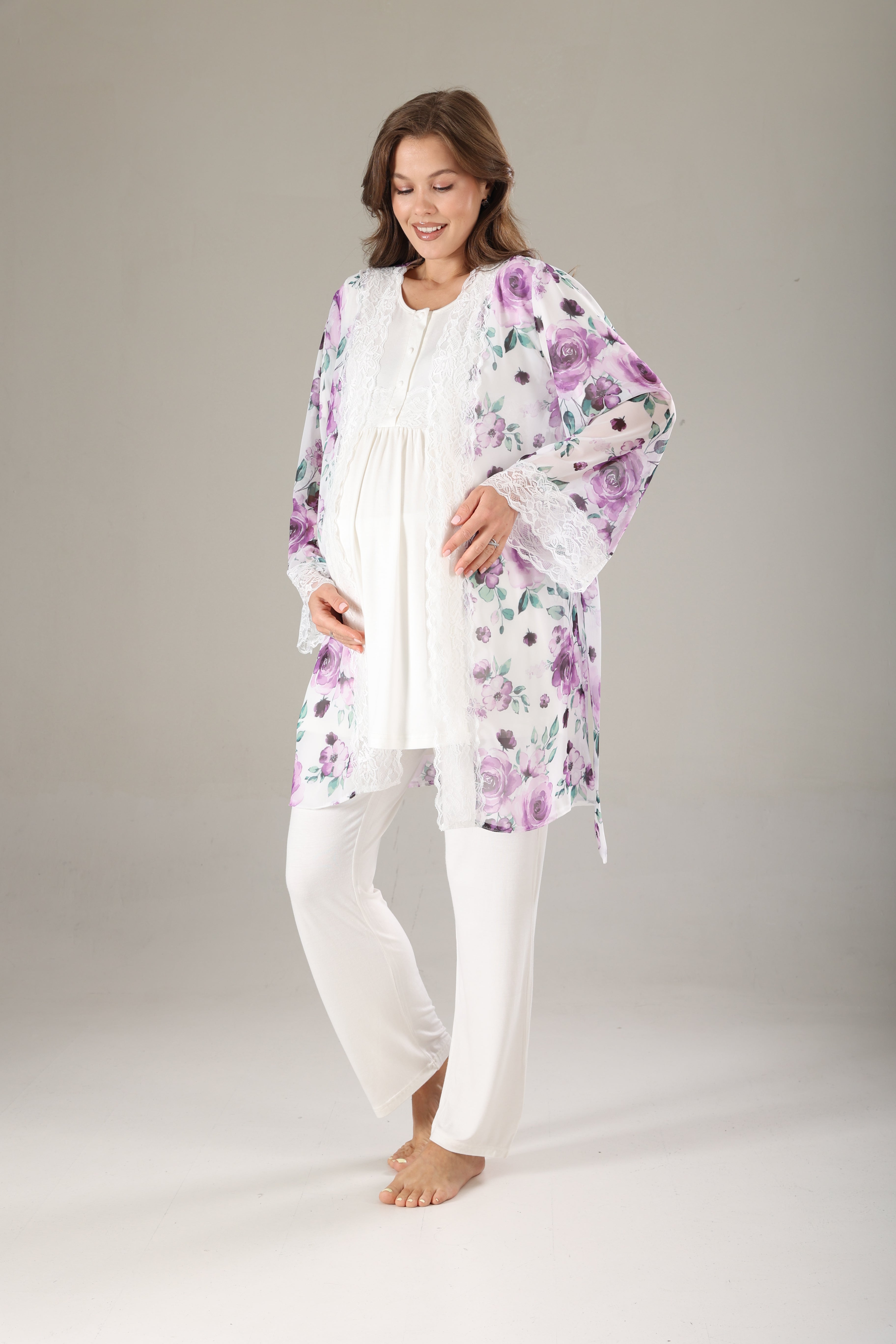 Lila Desenli Şifon Sabahlıklı Lohusa Pijama Takımı 815