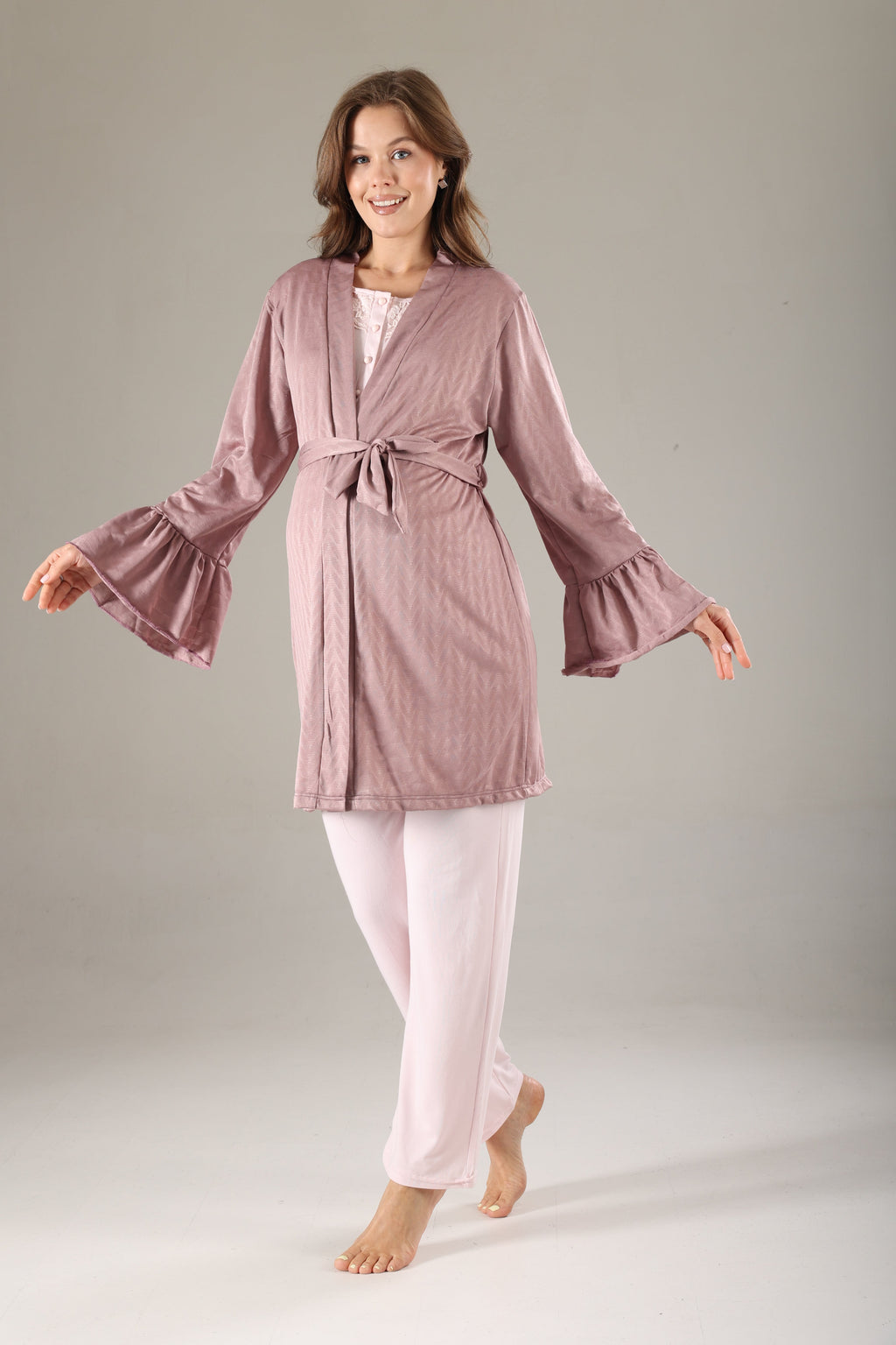 Gülkurusu Jakarlı  Sabahlıklı Lohusa Pijama Takımı 817