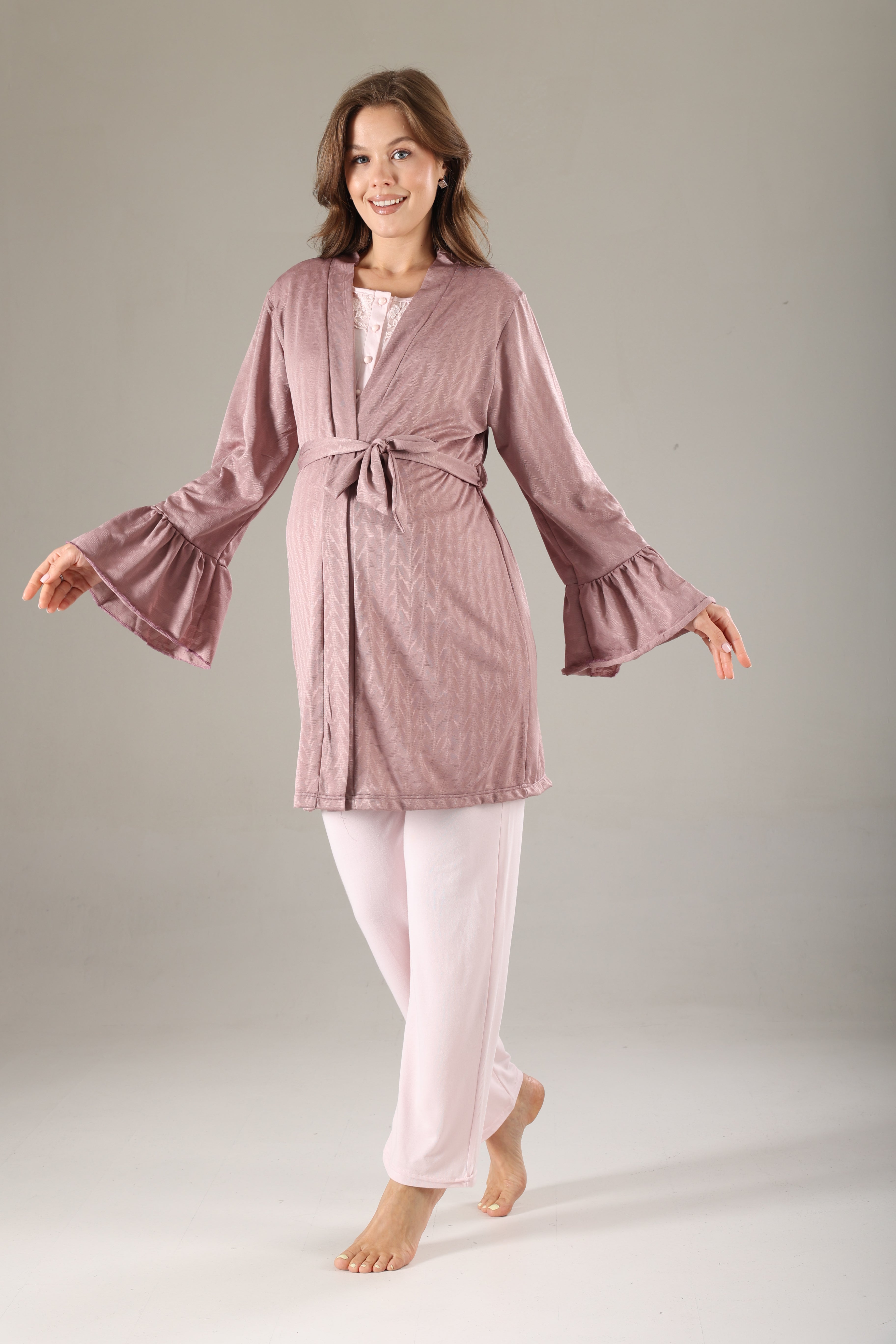 Gülkurusu Jakarlı  Sabahlıklı Lohusa Pijama Takımı 817