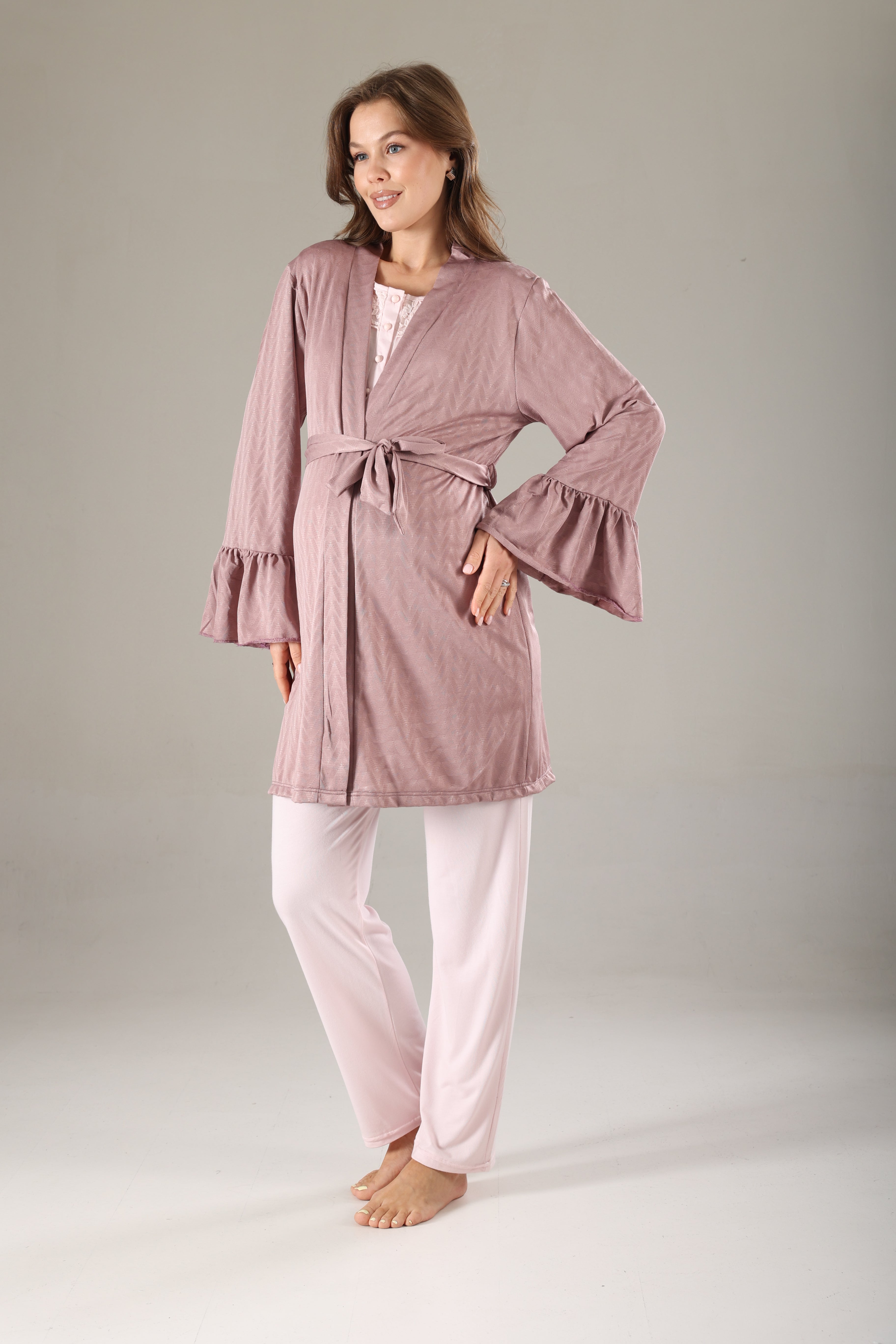 Gülkurusu Jakarlı  Sabahlıklı Lohusa Pijama Takımı 817