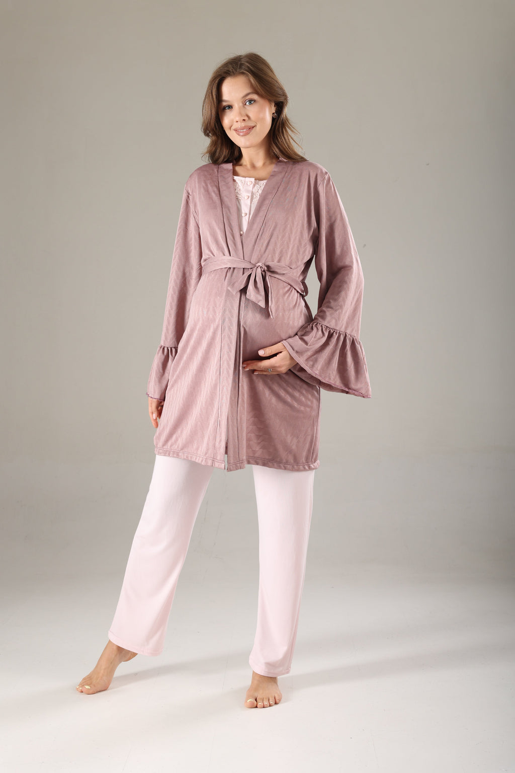 Gülkurusu Jakarlı  Sabahlıklı Lohusa Pijama Takımı 817