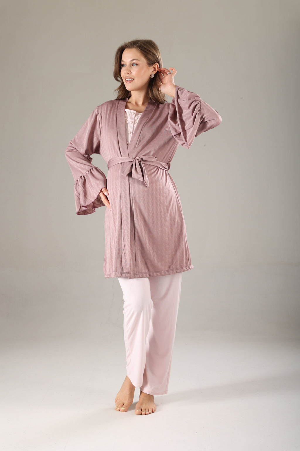 Gülkurusu Jakarlı  Sabahlıklı Lohusa Pijama Takımı 817