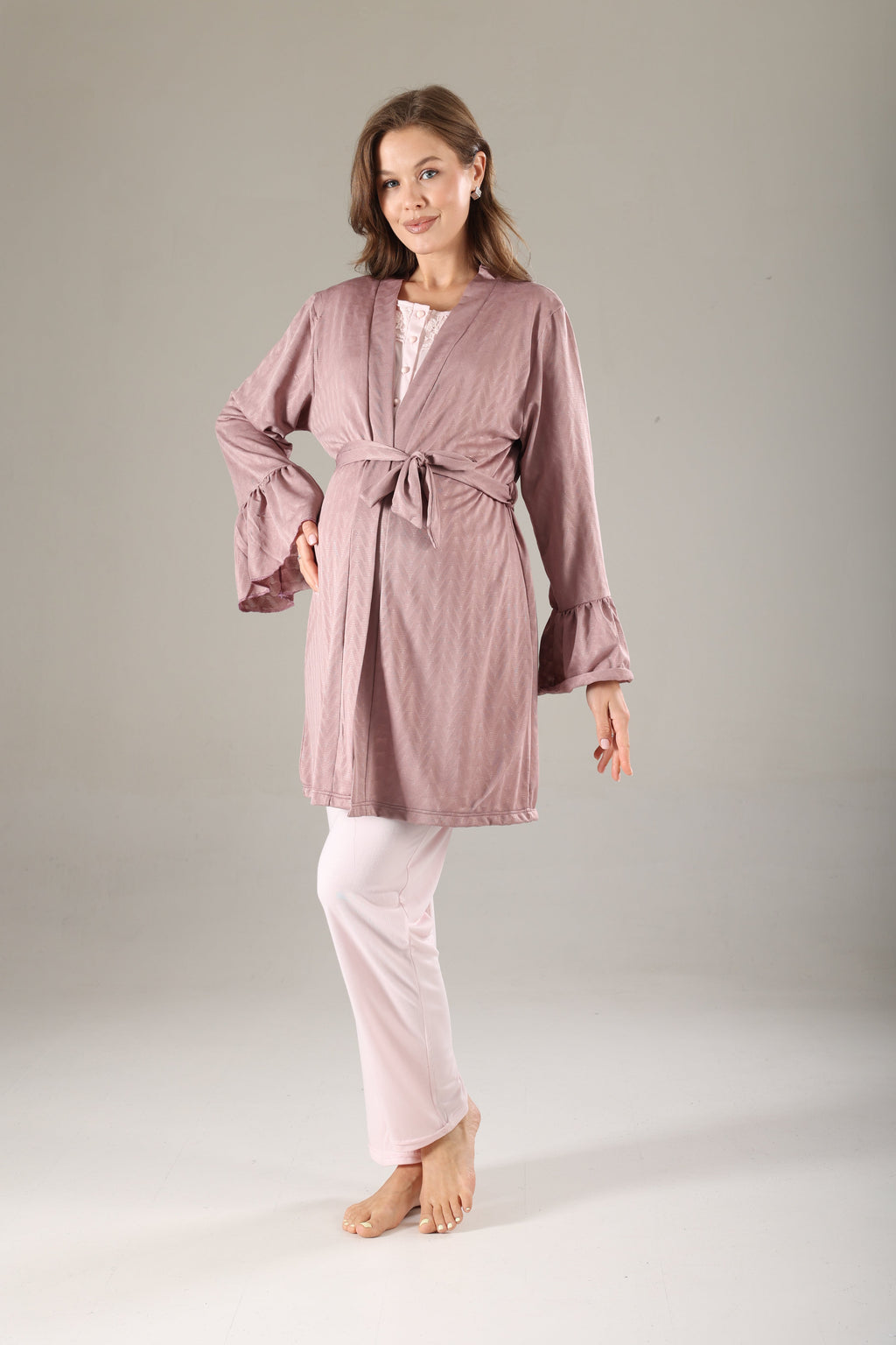 Gülkurusu Jakarlı  Sabahlıklı Lohusa Pijama Takımı 817