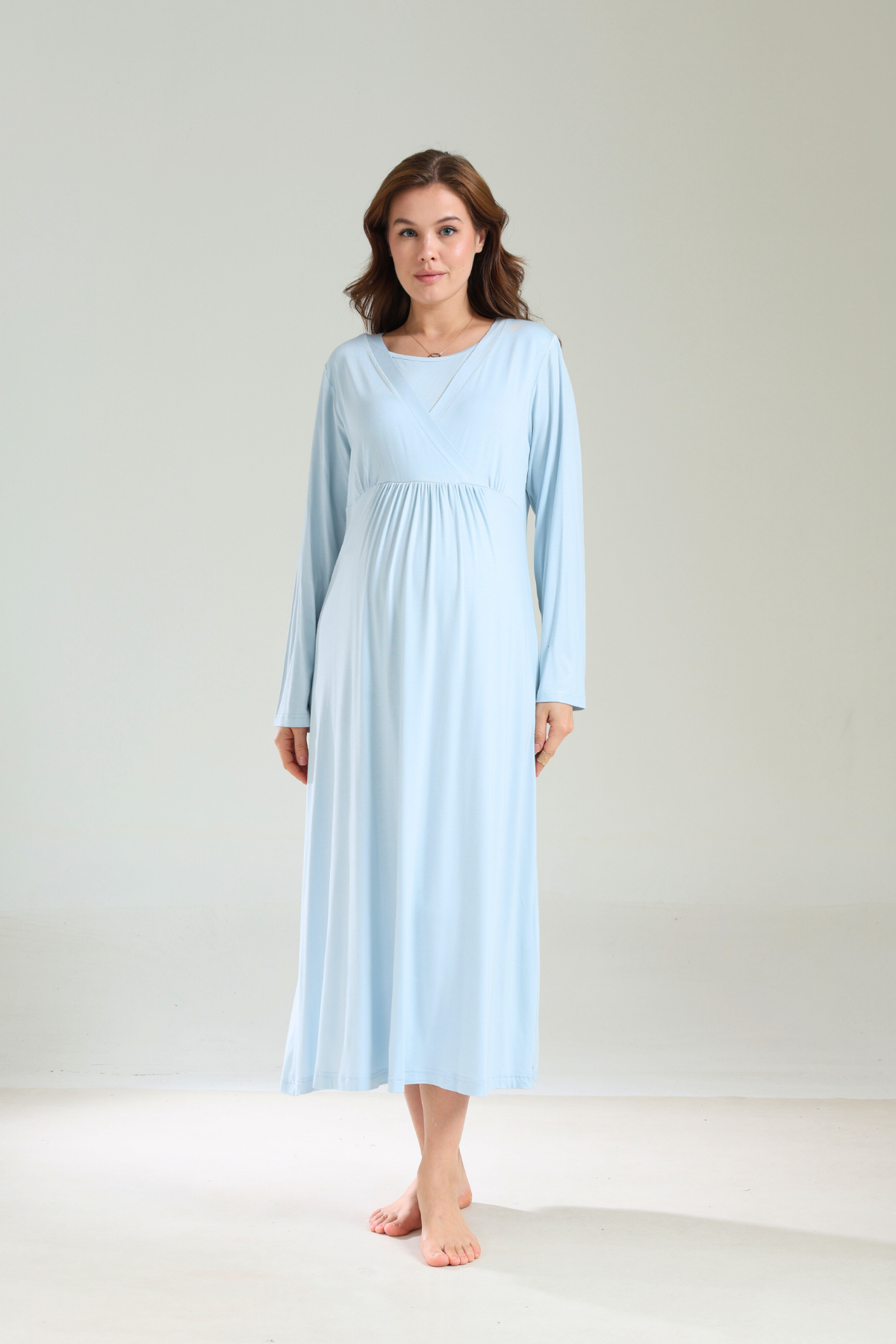 Mavi Bebe Yaka Kalın Yumuşak Sabahlıklı Lohusa Gecelik Takımı  1038