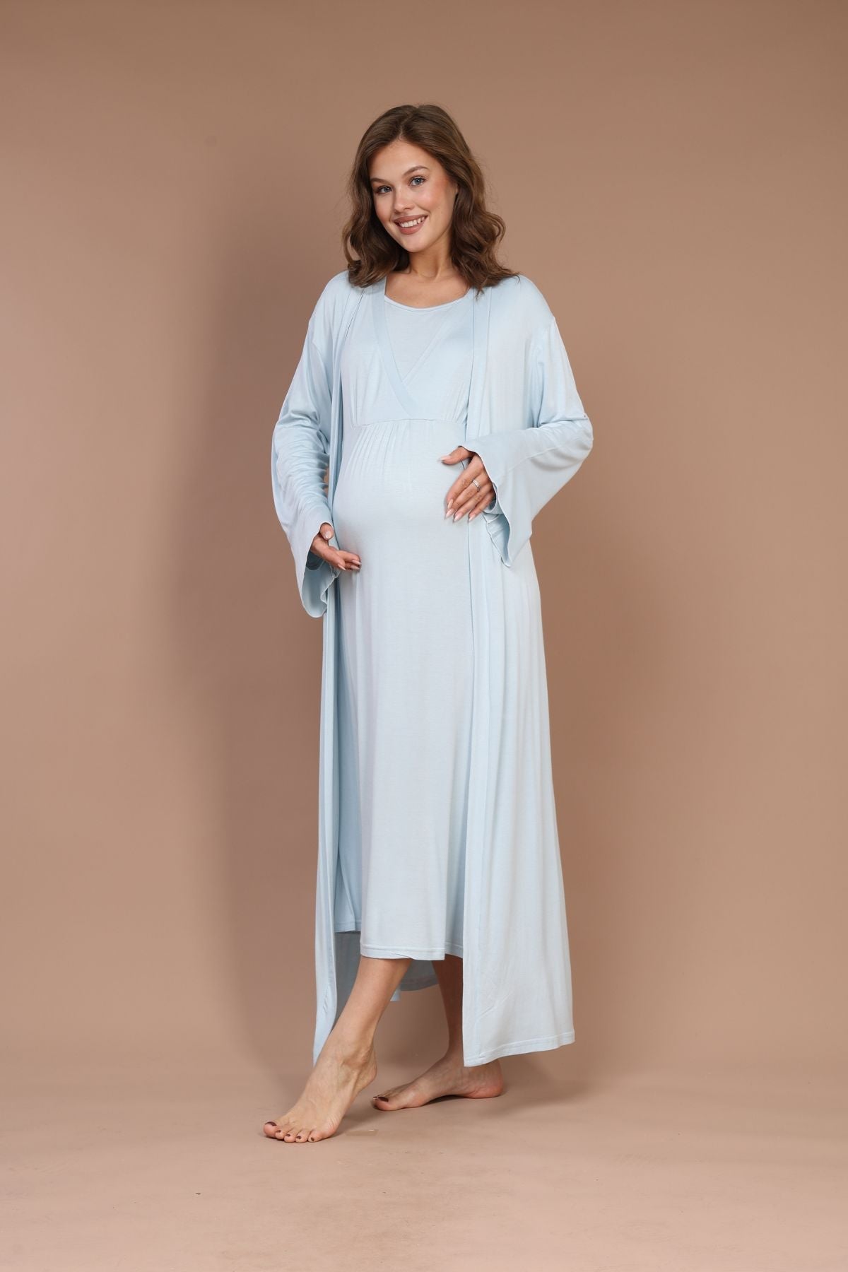 Mavi Tam Boy Sade Sabahlıklı Kruvaze Lohusa Gecelik Takımı - 622