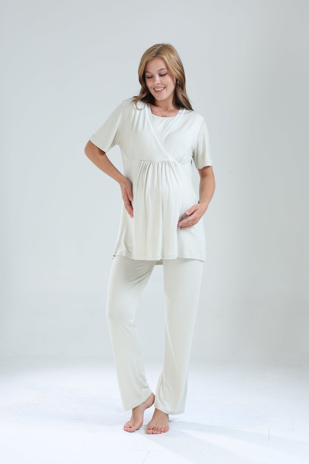 Mint Yeşili Biyeli Sabahlıklı Kruvaze Lohusa Pijama Takımı - 529