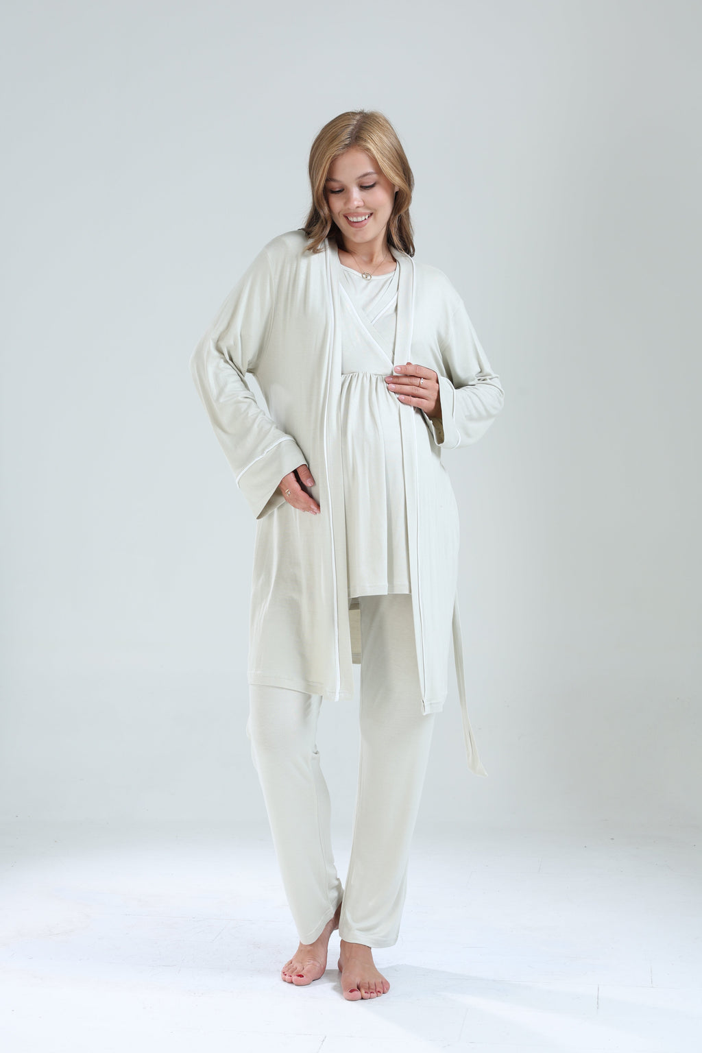 Mint Yeşili Biyeli Sabahlıklı Kruvaze Lohusa Pijama Takımı - 529