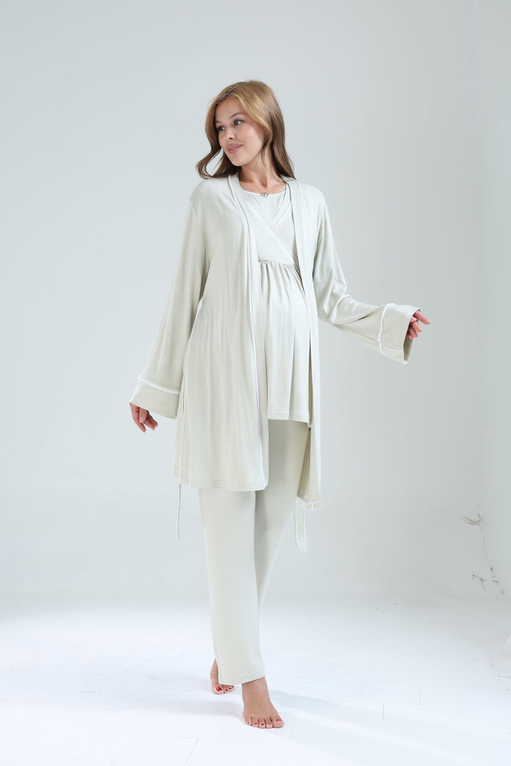 Mint Yeşili Biyeli Sabahlıklı Kruvaze Lohusa Pijama Takımı - 529