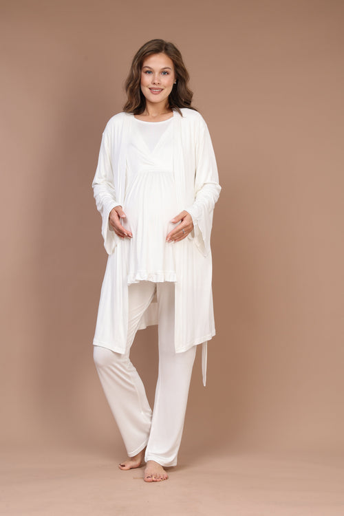 Ekru Kruvaze Sade Uzun Kollu Sabahlıklı Lohusa Pijama Takımı - 624