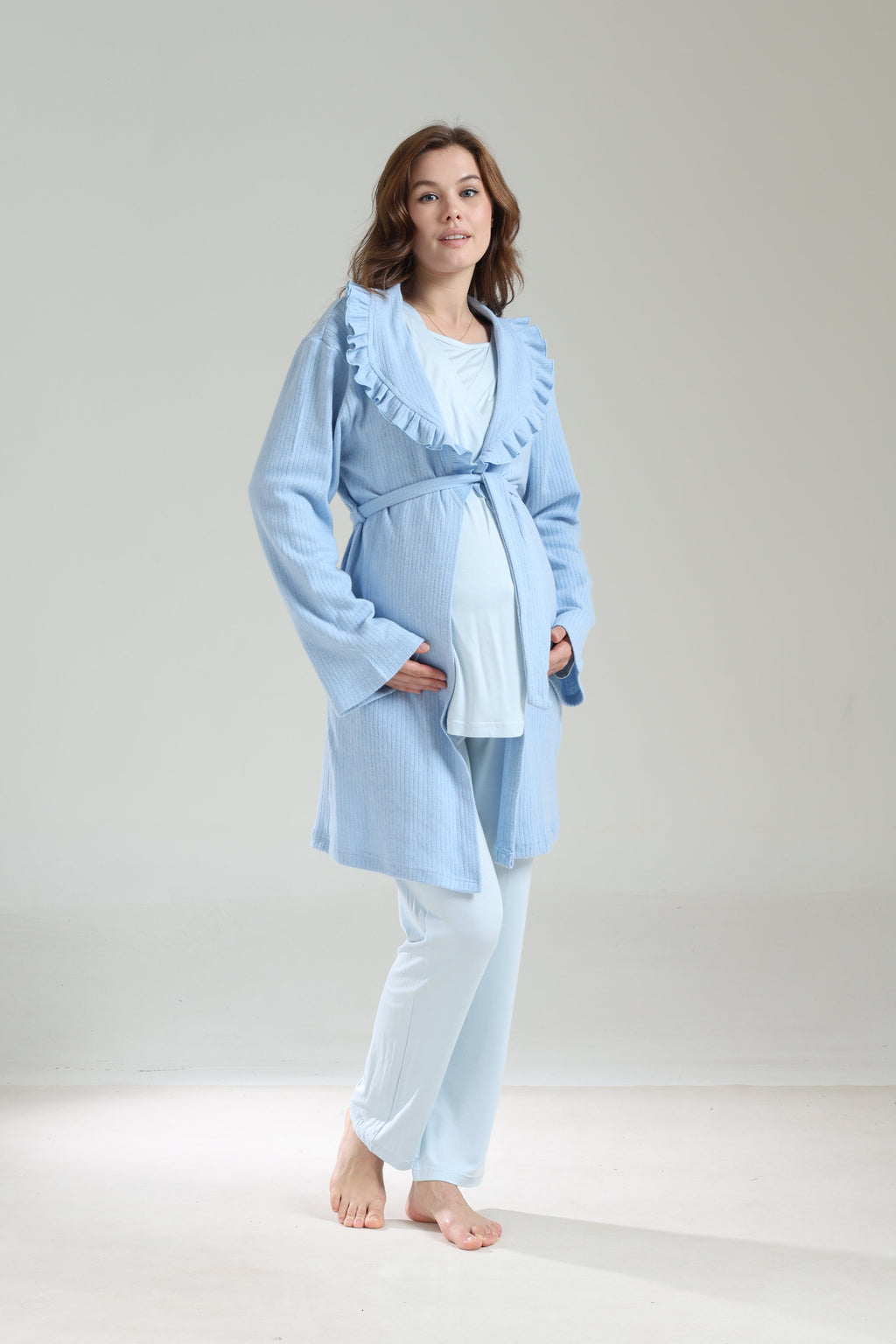 Mavi Kışlık Bebe Yaka Sabahlıklı Kruvaze Lohusa Pijama Takımı 1039