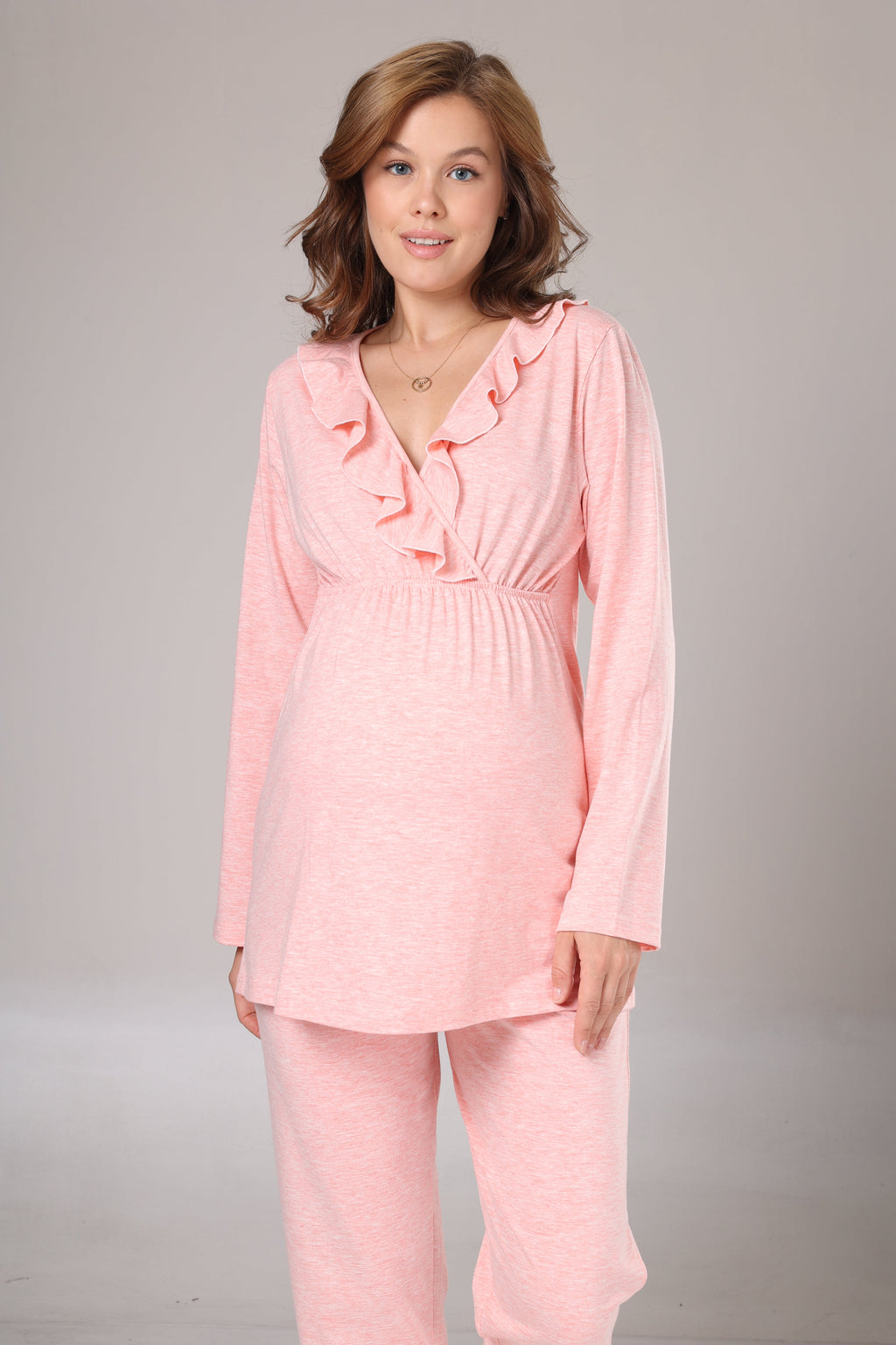 Pembe Uzun Kollu Yumuşak Dokulu Sabahlıklı Kruvaze Lohusa Pijama Takımı 1013